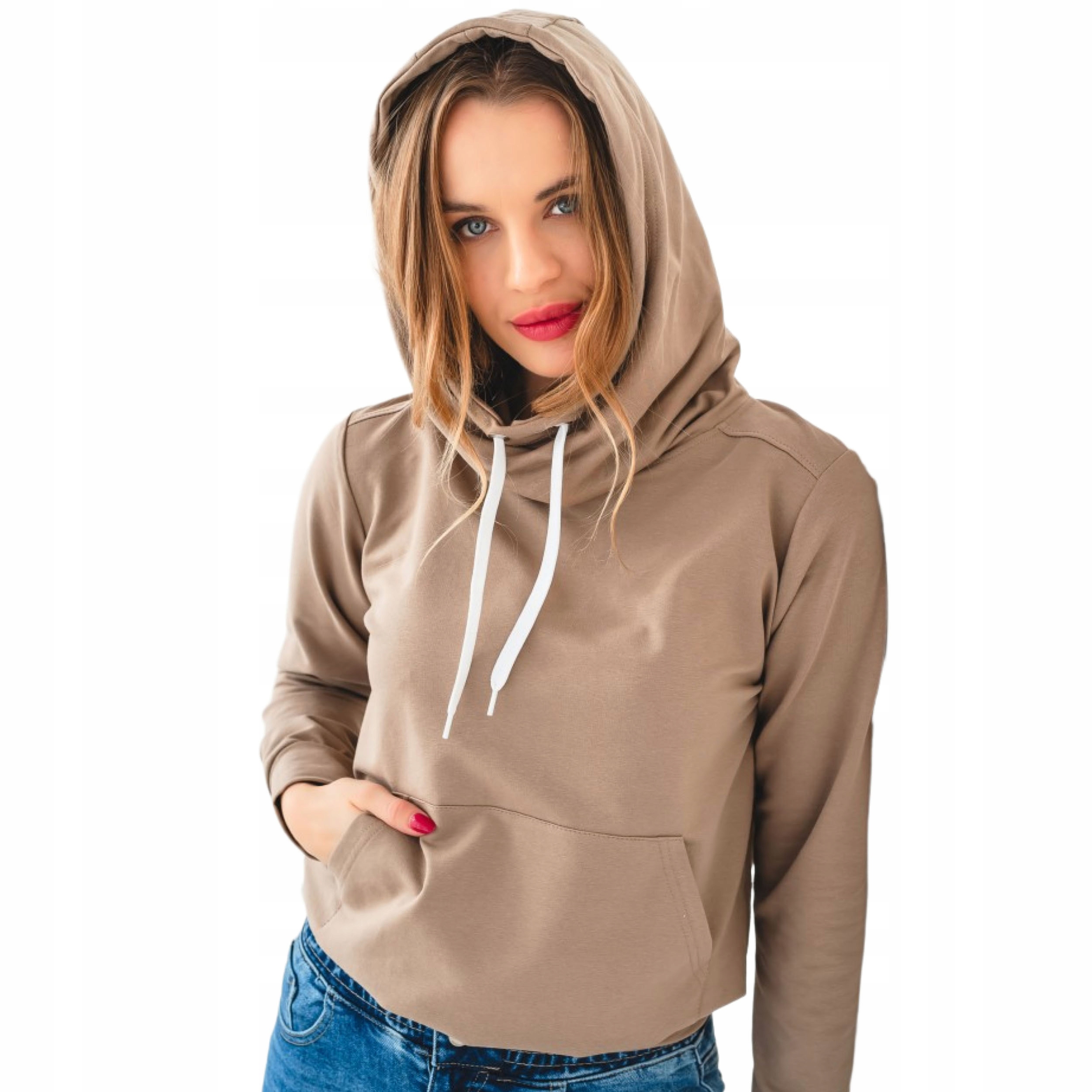 Damska beżowe bluza dresowa Basic kangurka gładka z kapturem S