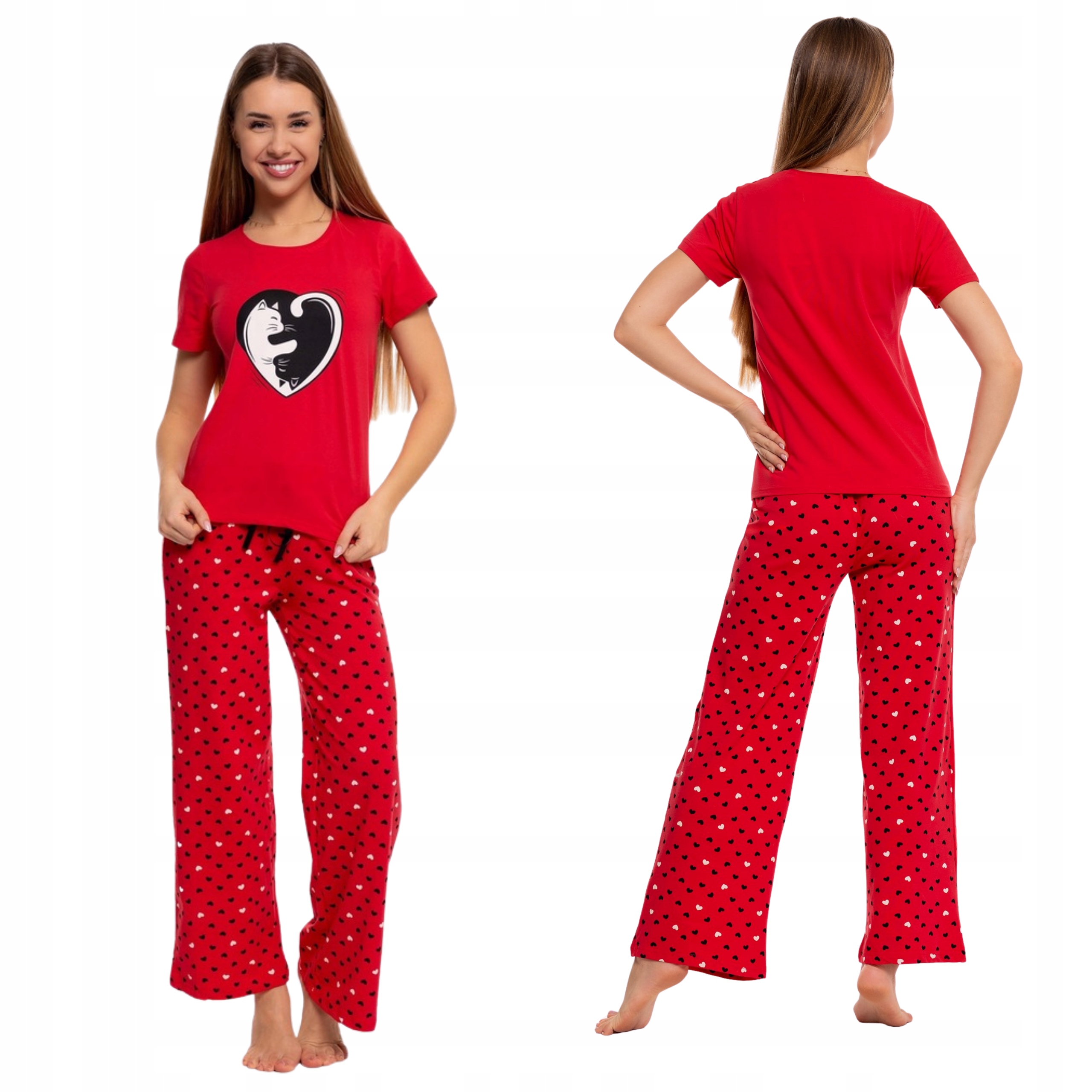 Piżama Damska Moraj Z Krótkim Rękawem Długie Spodnie Koty Serca M
