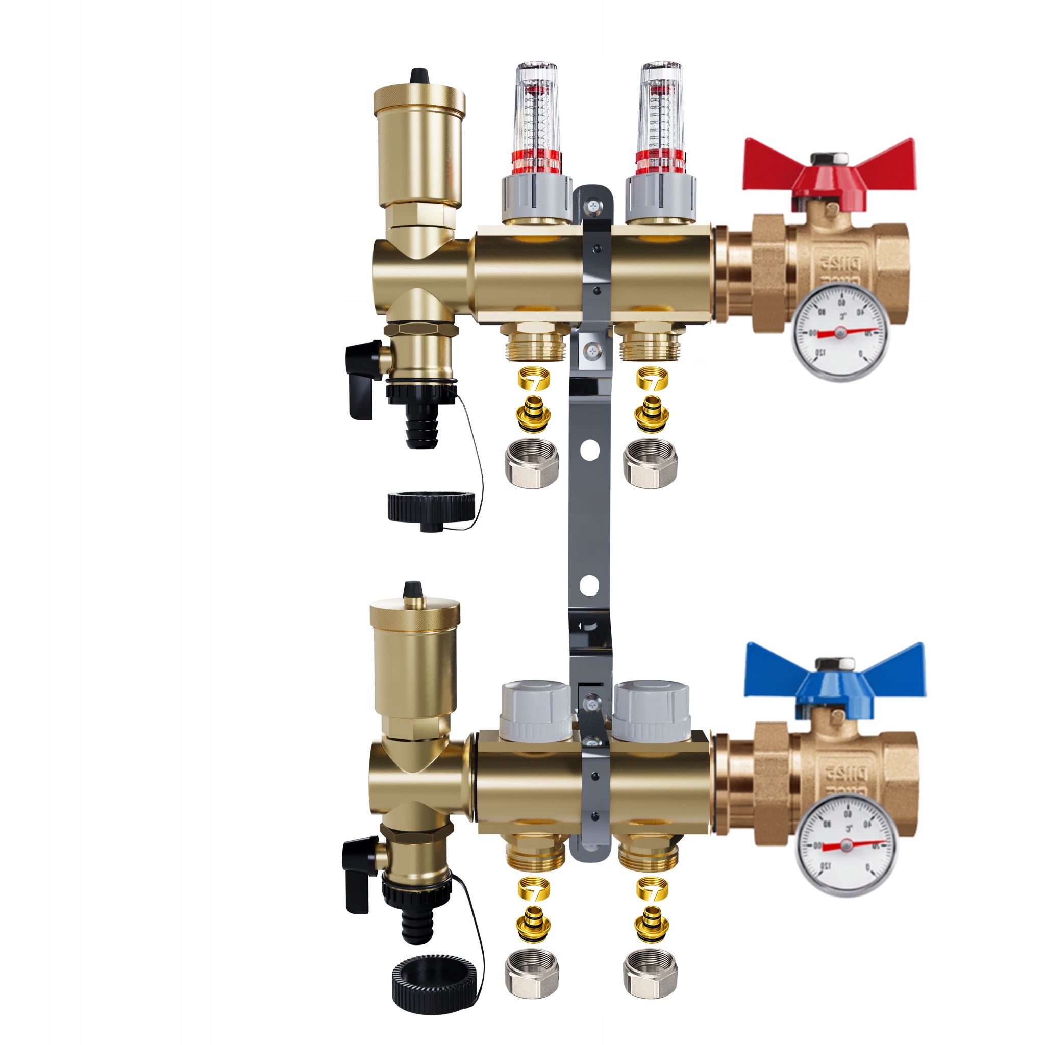 Rozdělovač Pro Podlahovku 2 Okruhy Jednoduchý Kulový Ventil Teploměr Pex