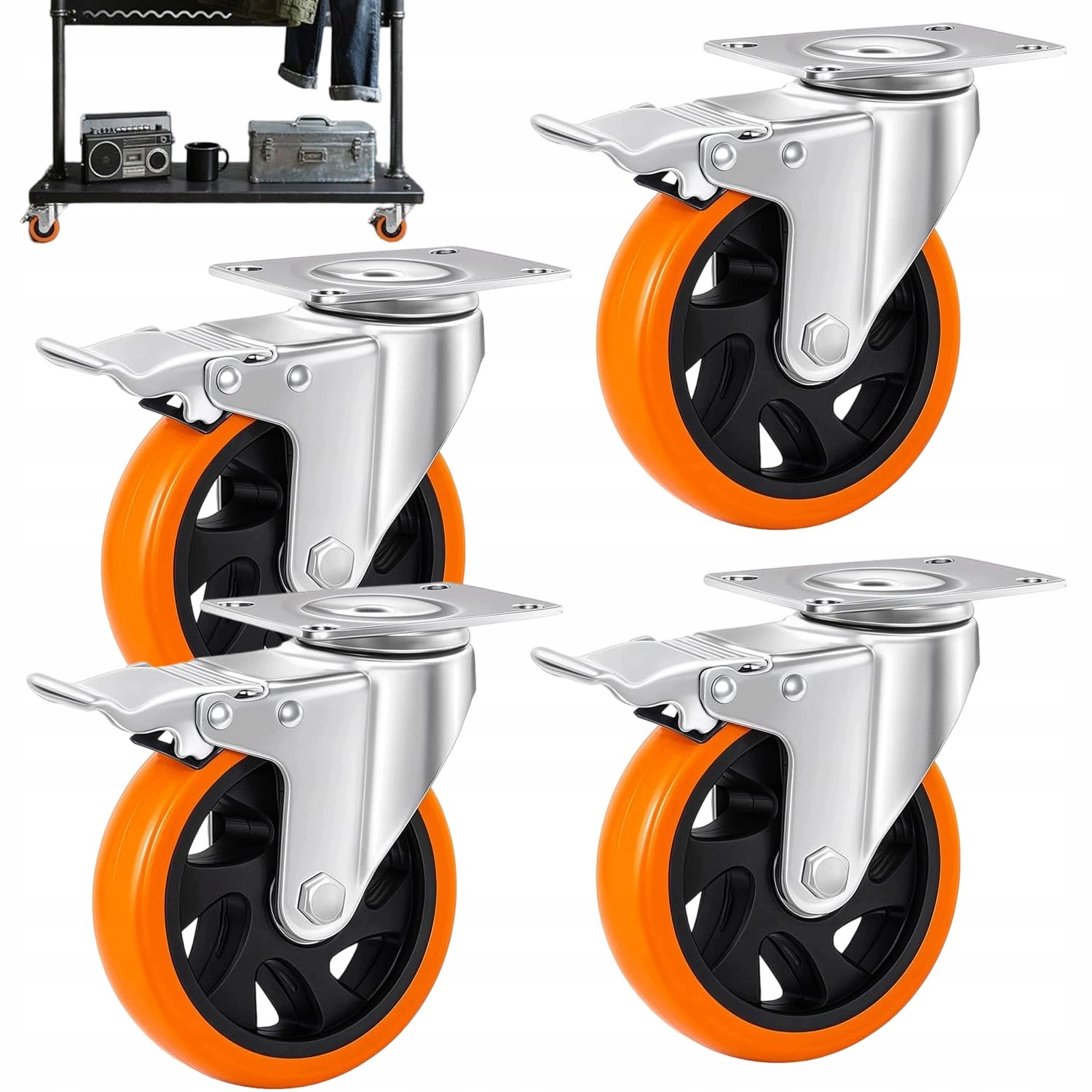 4 X Kolečka Pro Otočné Křeslo, Zásobník Na Kov, 100 MM, Do 360 Kg, S Brzdou