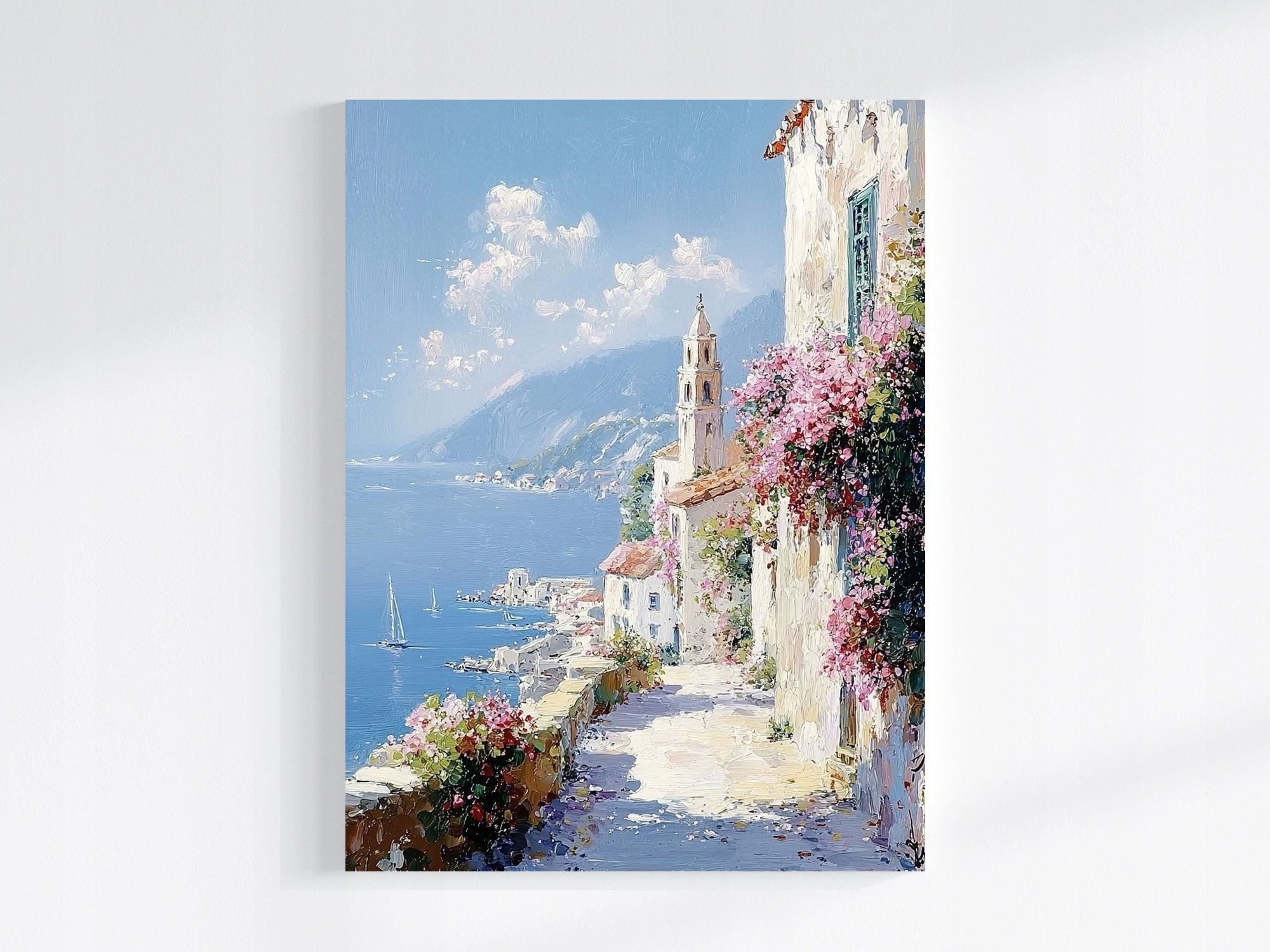 Obraz Na Plátně Canvas Pobřeží Moře Městečko Hory Květiny Loďky 75x100