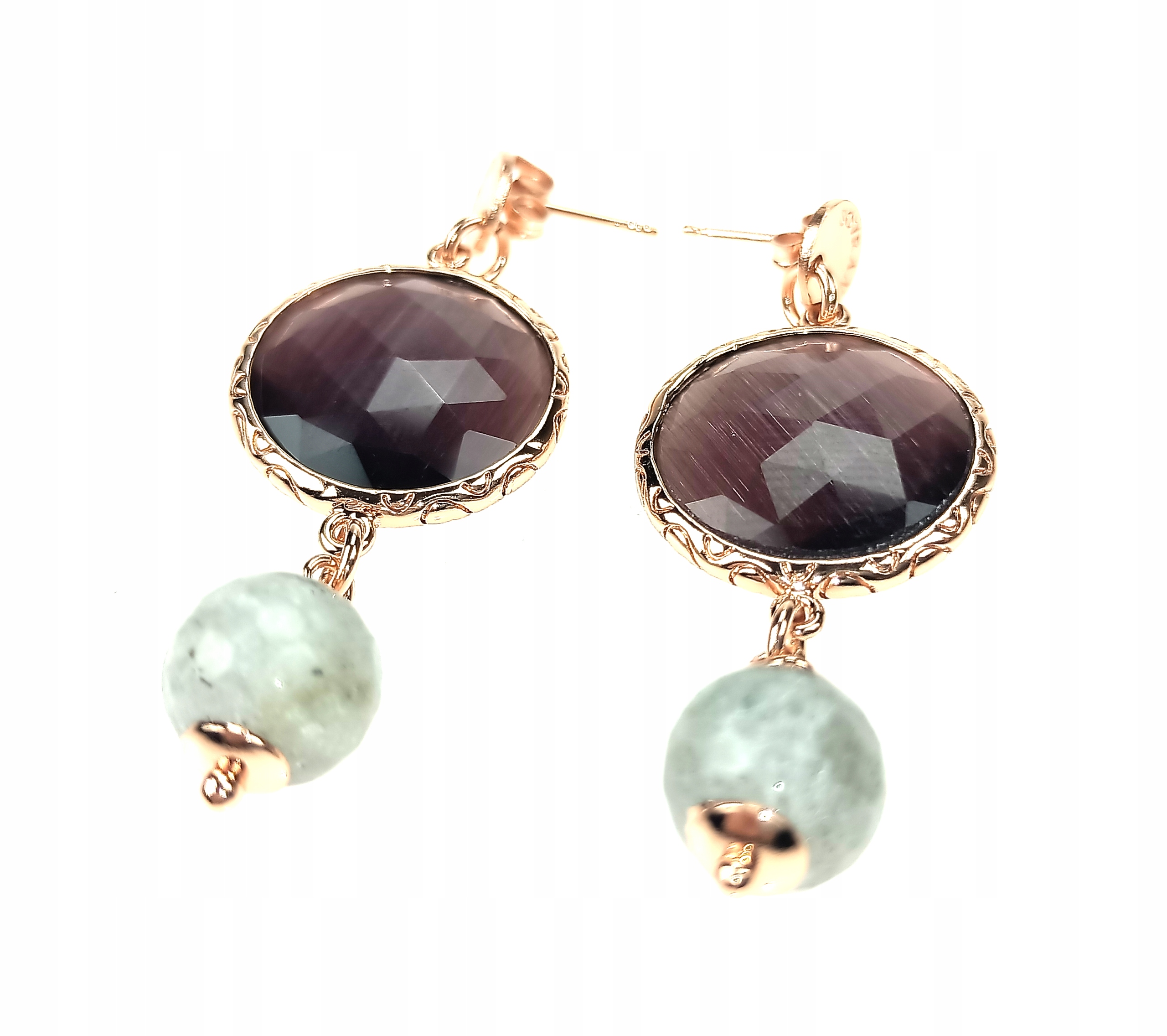 WŁOSKIE KOLCZYKI MOSIĄDZ RÓŻOWE ZŁOTO RÓŻOWY KWARC LABRADORYT DZIEŃ MAMY Marka bez marki