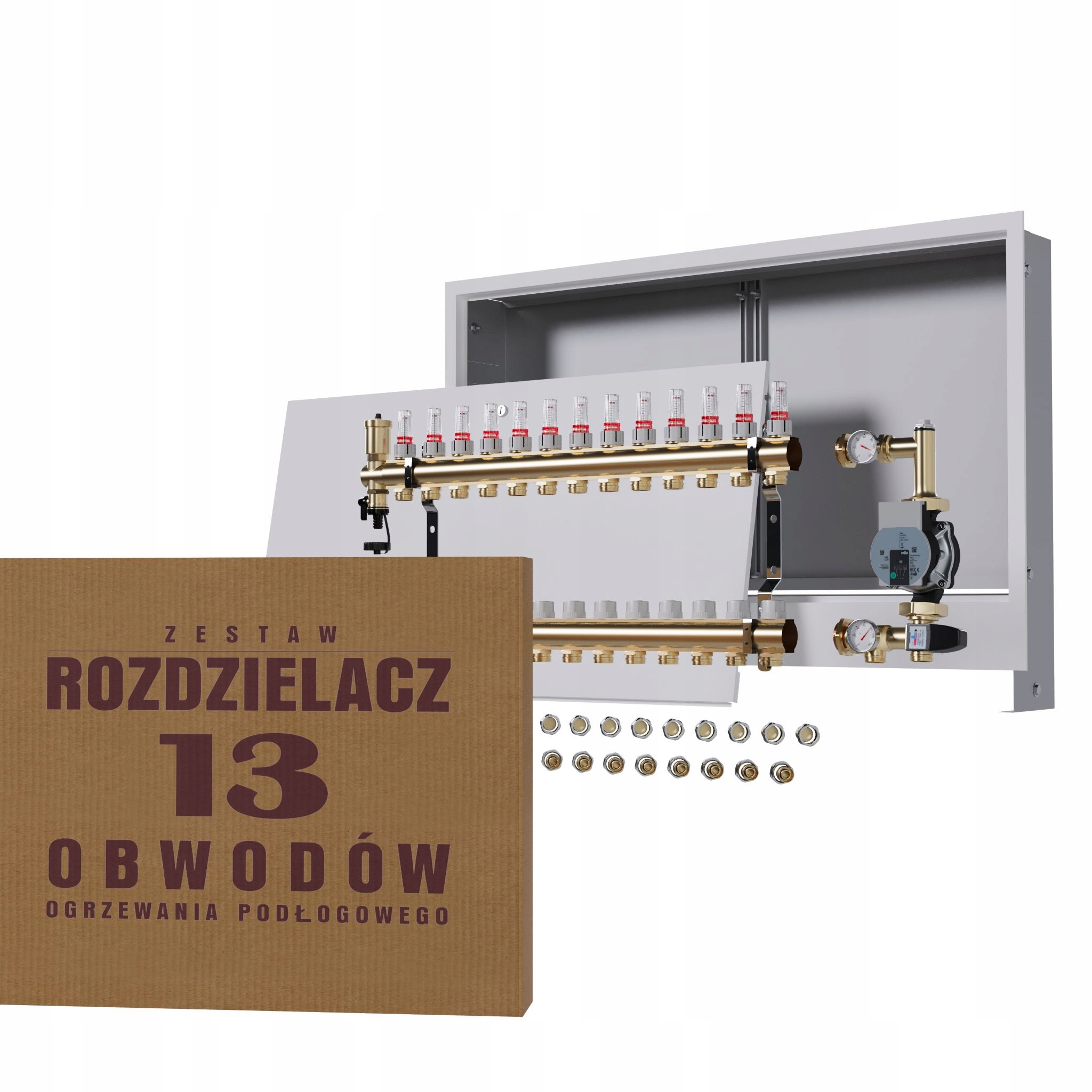 Rozdělovač pro podlahu 13 okruhů s čerpadlem Wilo podomítková skříňka +pex