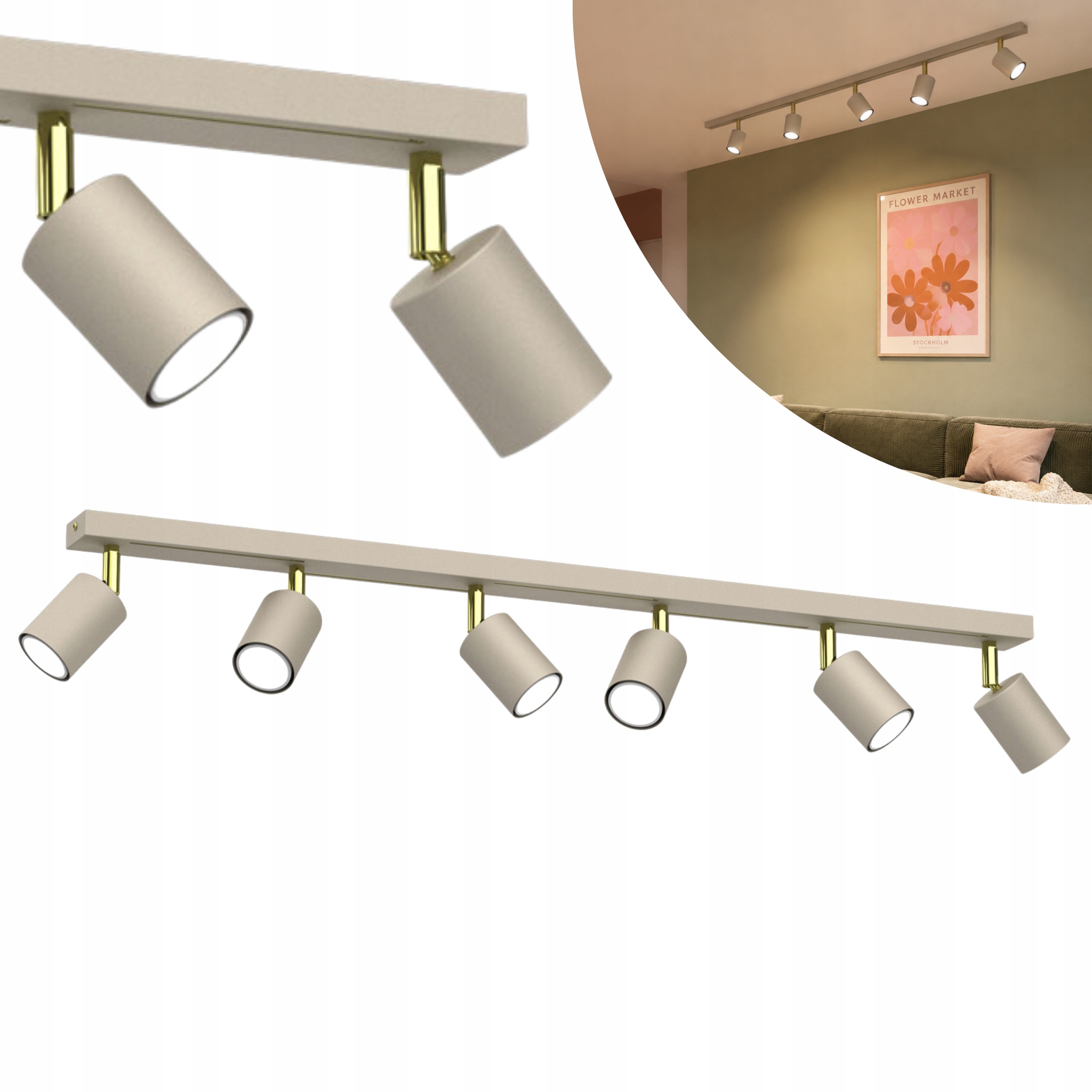 Stropná lampa krémová zlaté reflektory do obývačky 6 bodov 80 cm Luminex