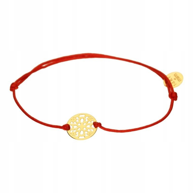 Zlatý náramek 585 provázkový celebrita červená šňůrka kolečko 14 Kt