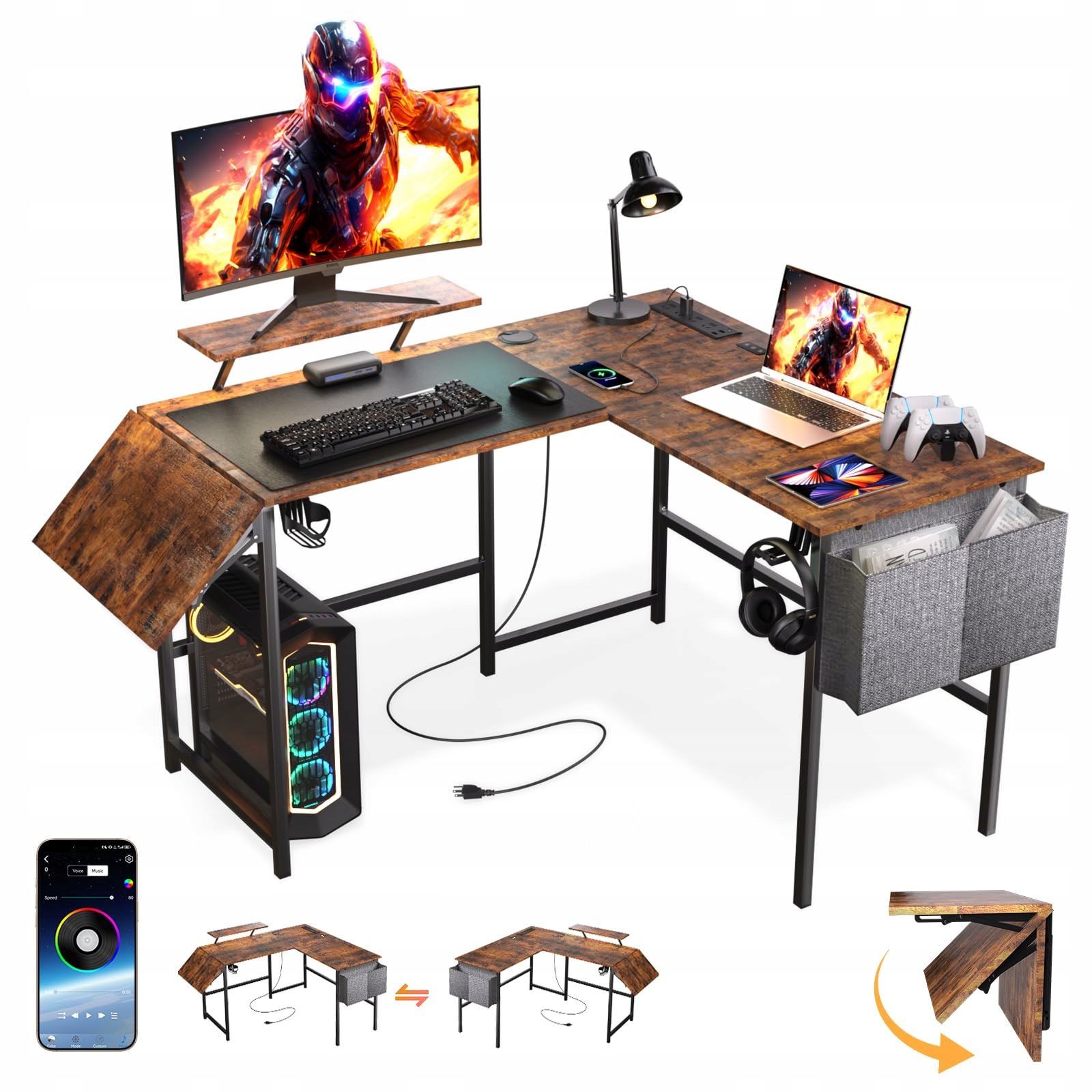 Herný Stôl Rohový L Led 120X150 CM Skladacie Usb Rgb