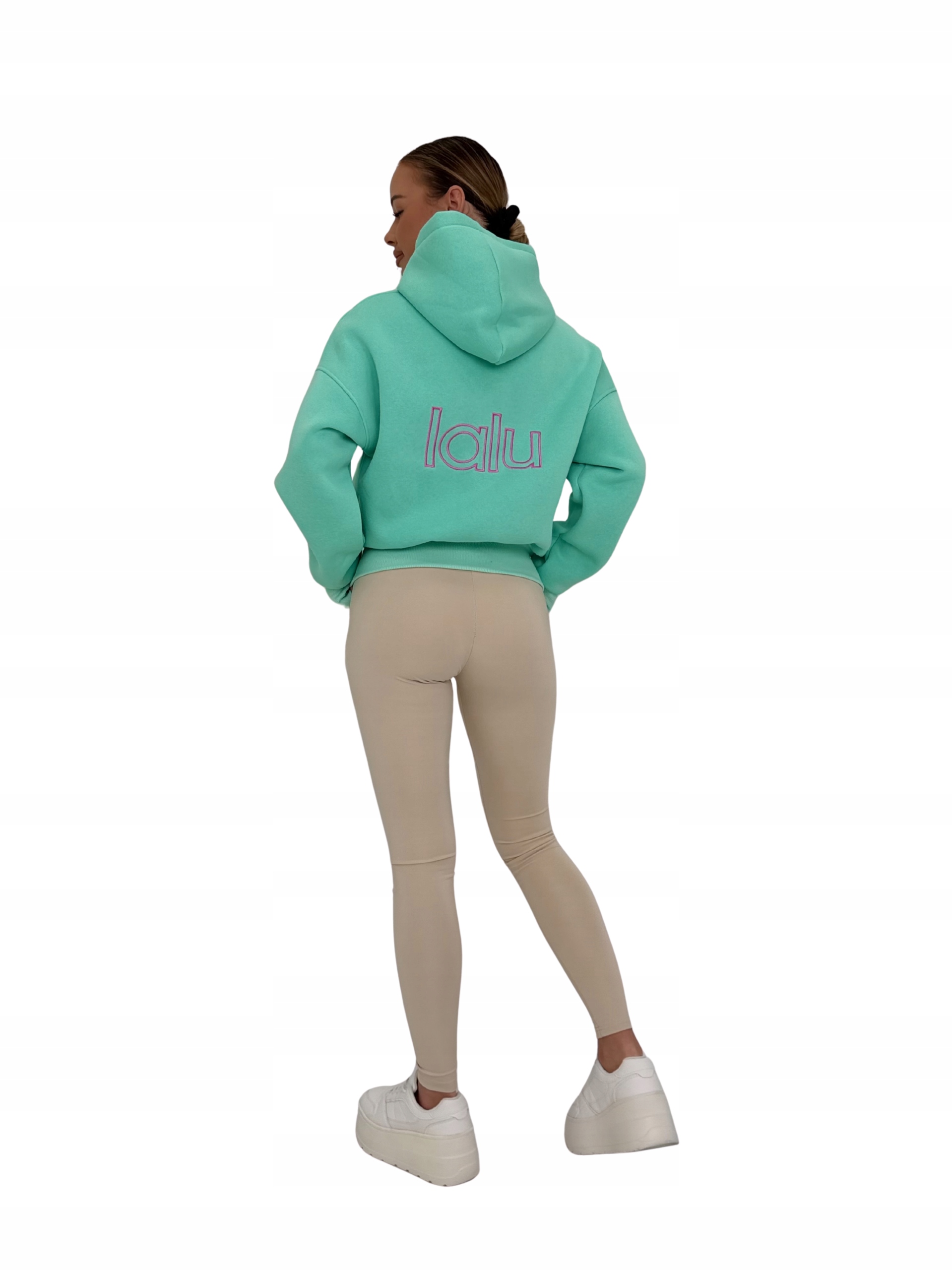 Bluza damska z kapturem rozpinana oversize szyte logo LaLu miętowa