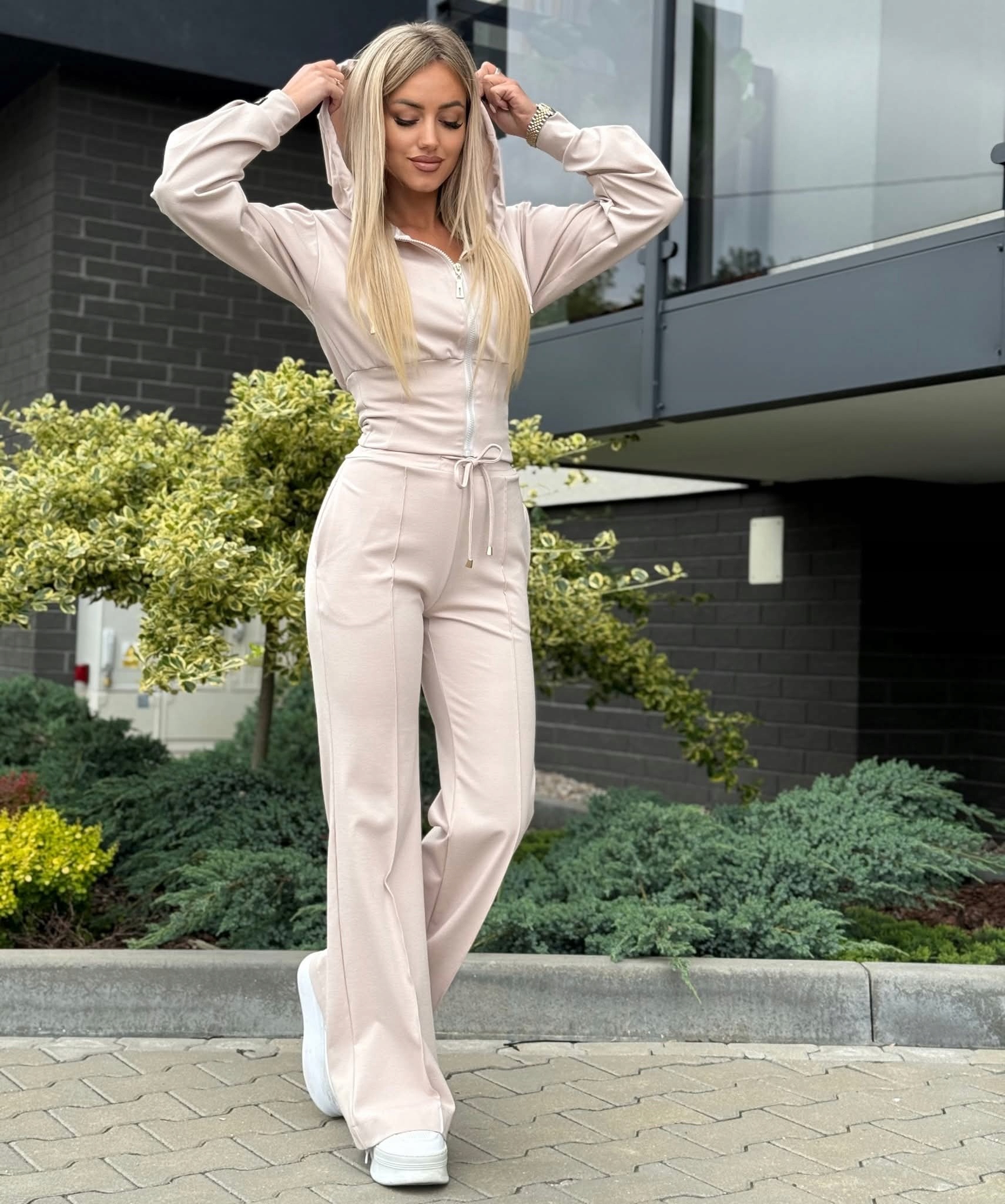 Dámská Tepláková Souprava Korzetová Mikina S Kapucí Kalhoty Wide Leg Béžová M