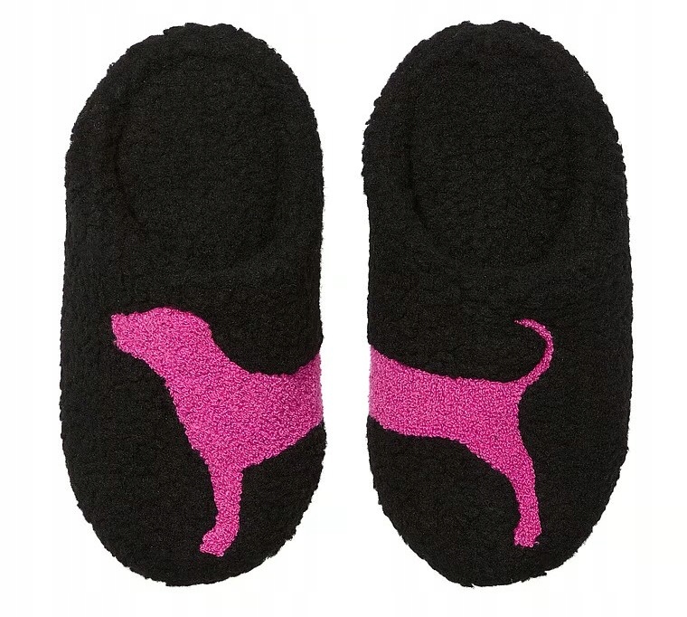 Pantofle s kožíškem Victoria's Secret Pink černé s pejskem M (37)