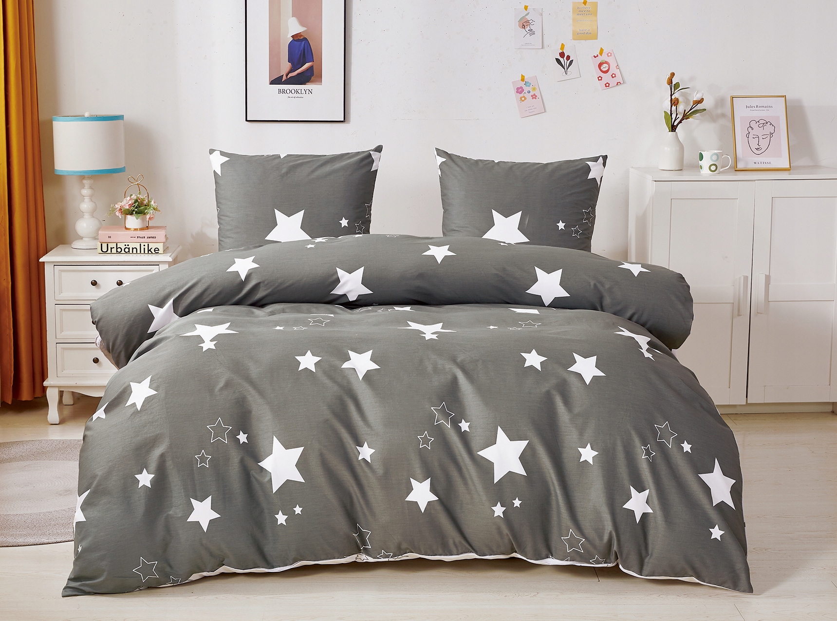 Sada povlečení na peřinu s hvězdicovým vzorem v šedé barvě, měkké ložní prádlo do ložnice 160×200 cm