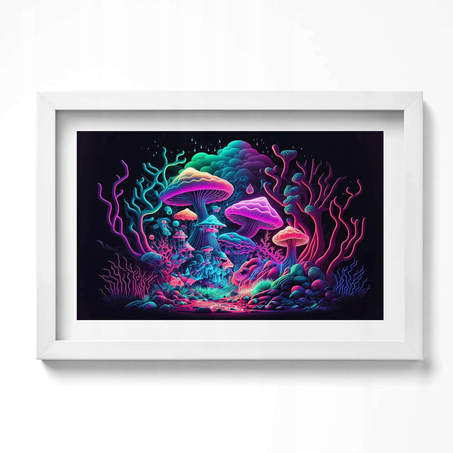 Nástěnný dekorativní obraz v bílém rámu s grafikou Neonové houby 30x20 cm
