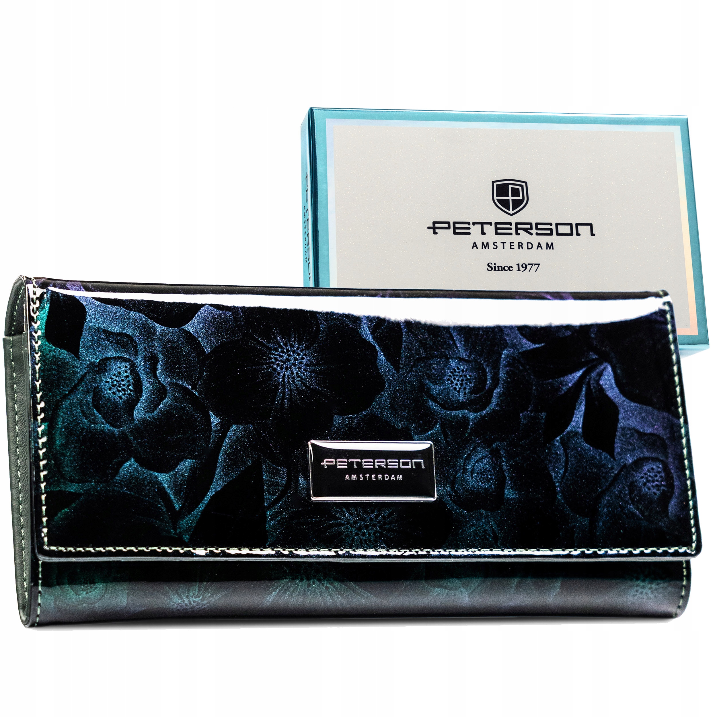 Portfel skórzany damski Rfid Stop brokatowy Peterson duży w kwiaty skóra