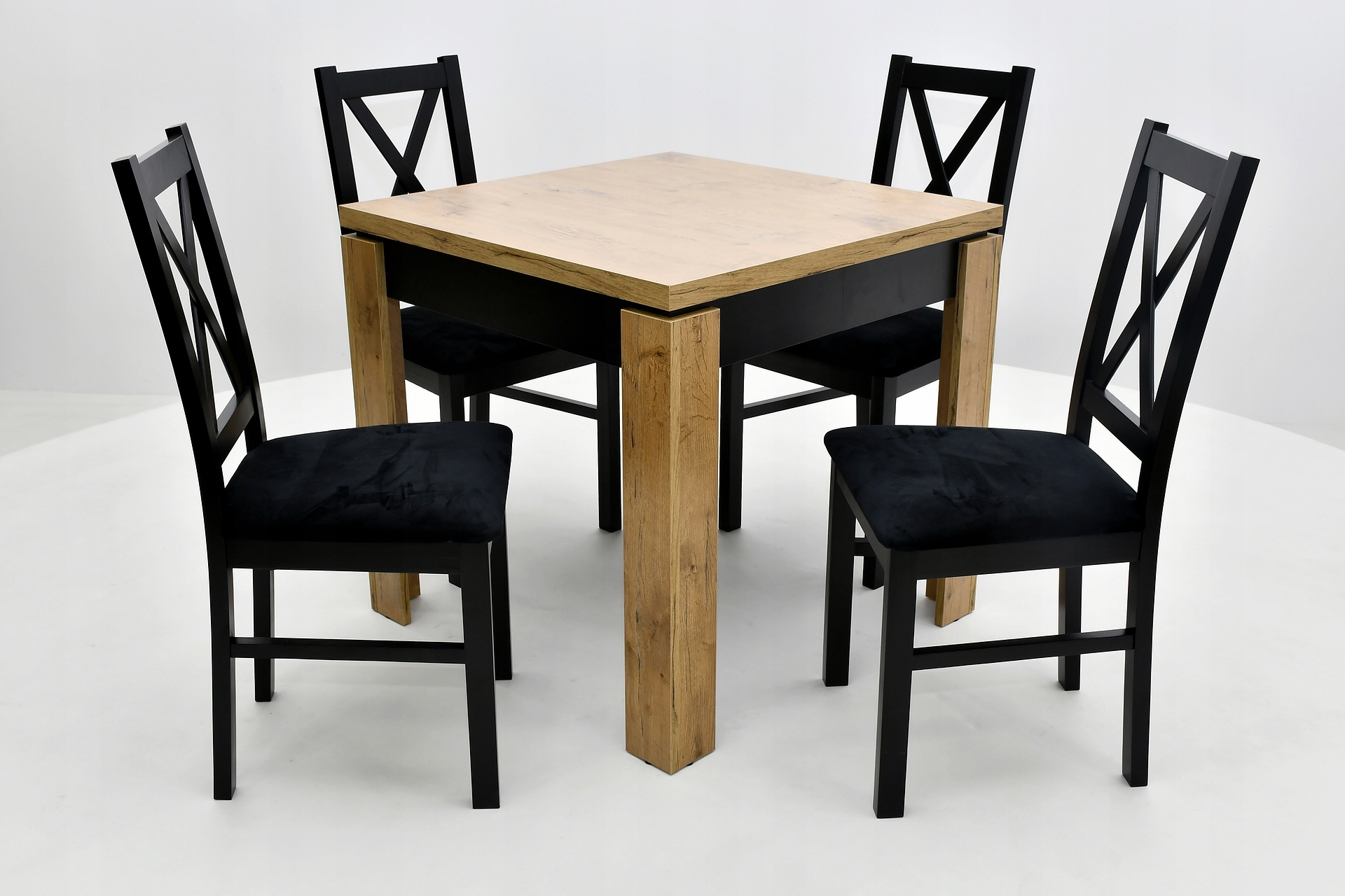 ROZKŁADANY STÓŁ 80/80 - 160 ORAZ 4 KRZESŁA KRZYŻAK. WYBÓR KOLORYSTYKI Długość stołu 80 cm