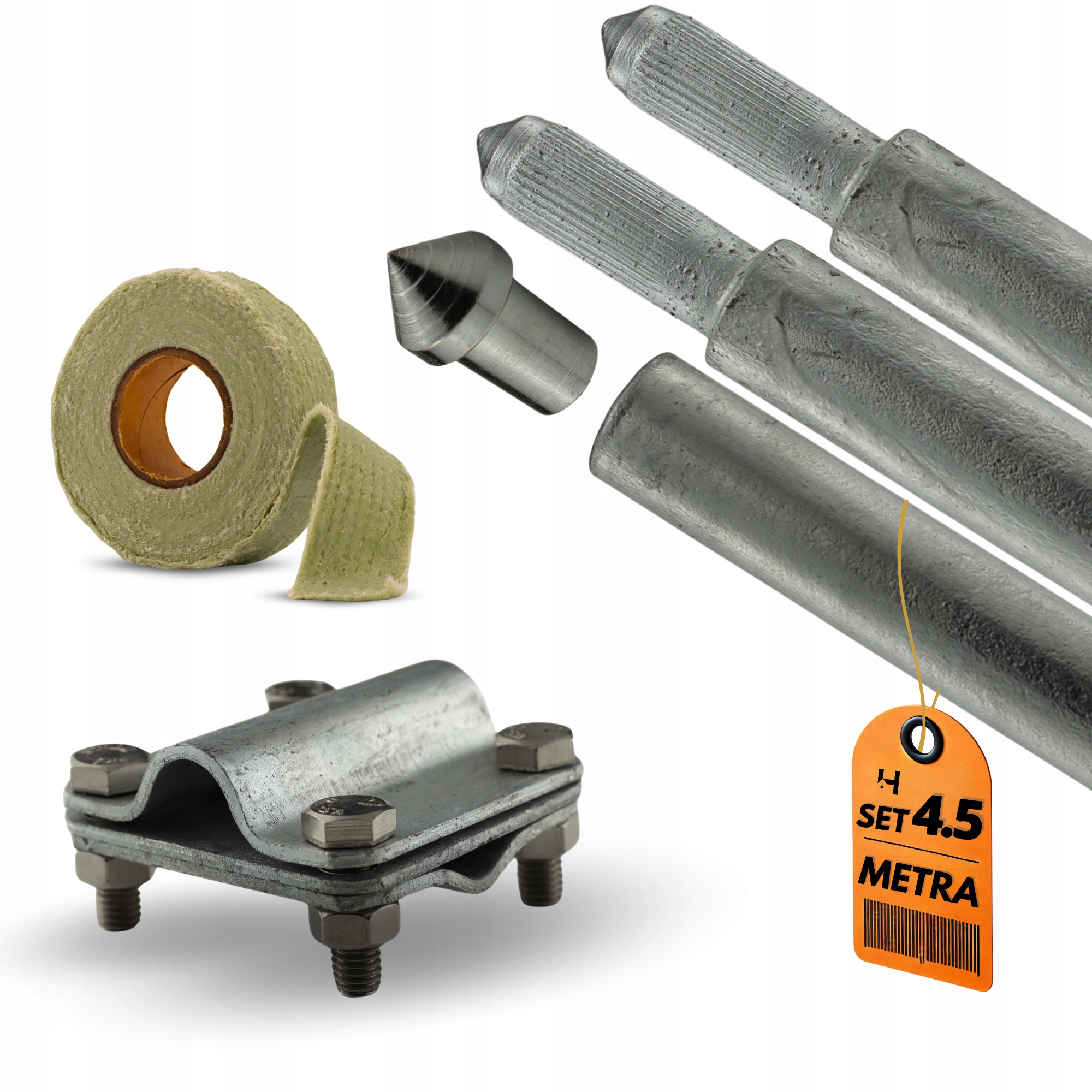 Uziom ocynkowany 16 mm Zestaw 4,5 m: pręty grot złącze taśma