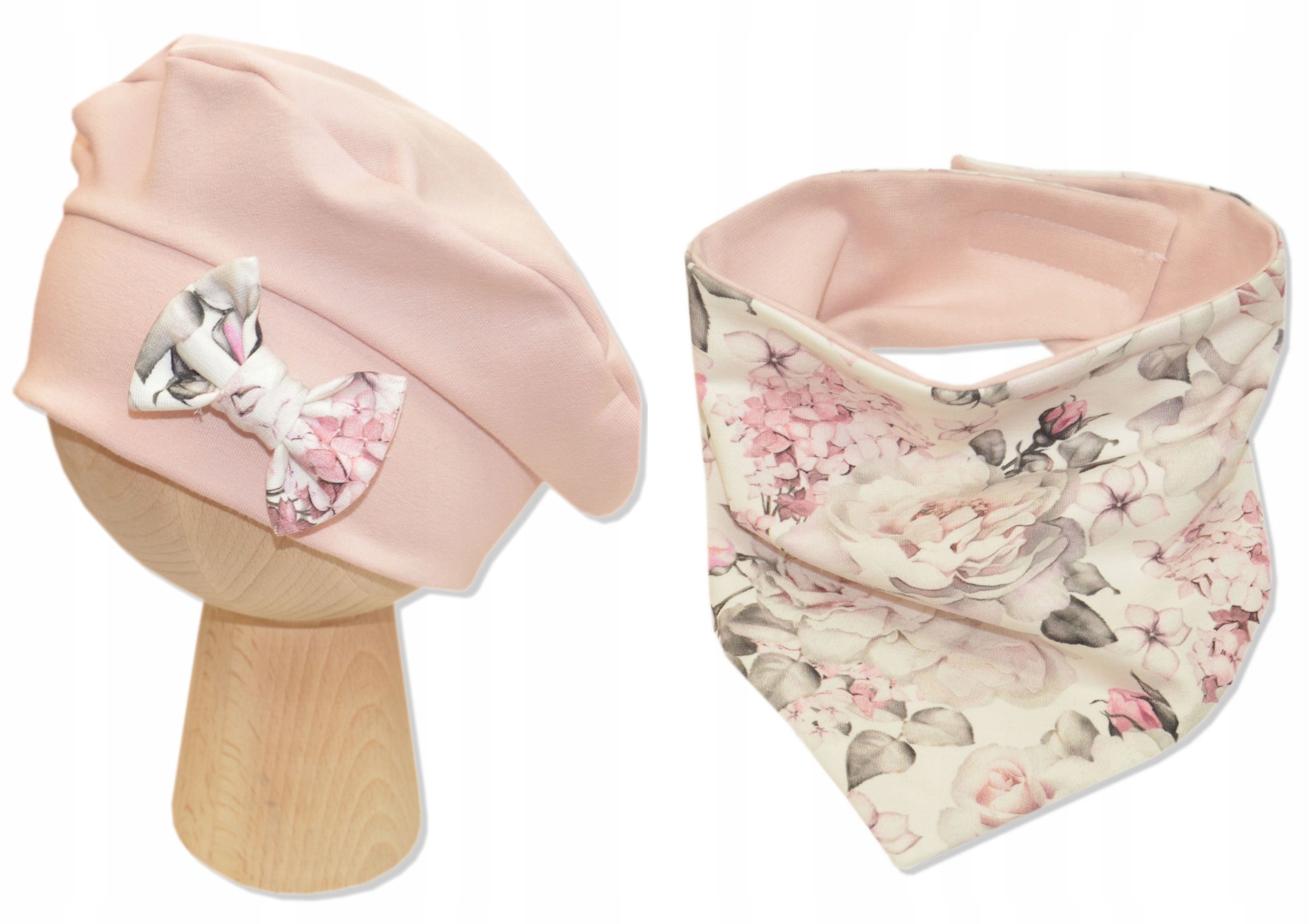 

Beret z chustą wiosna 44-47cm pudrowy róż