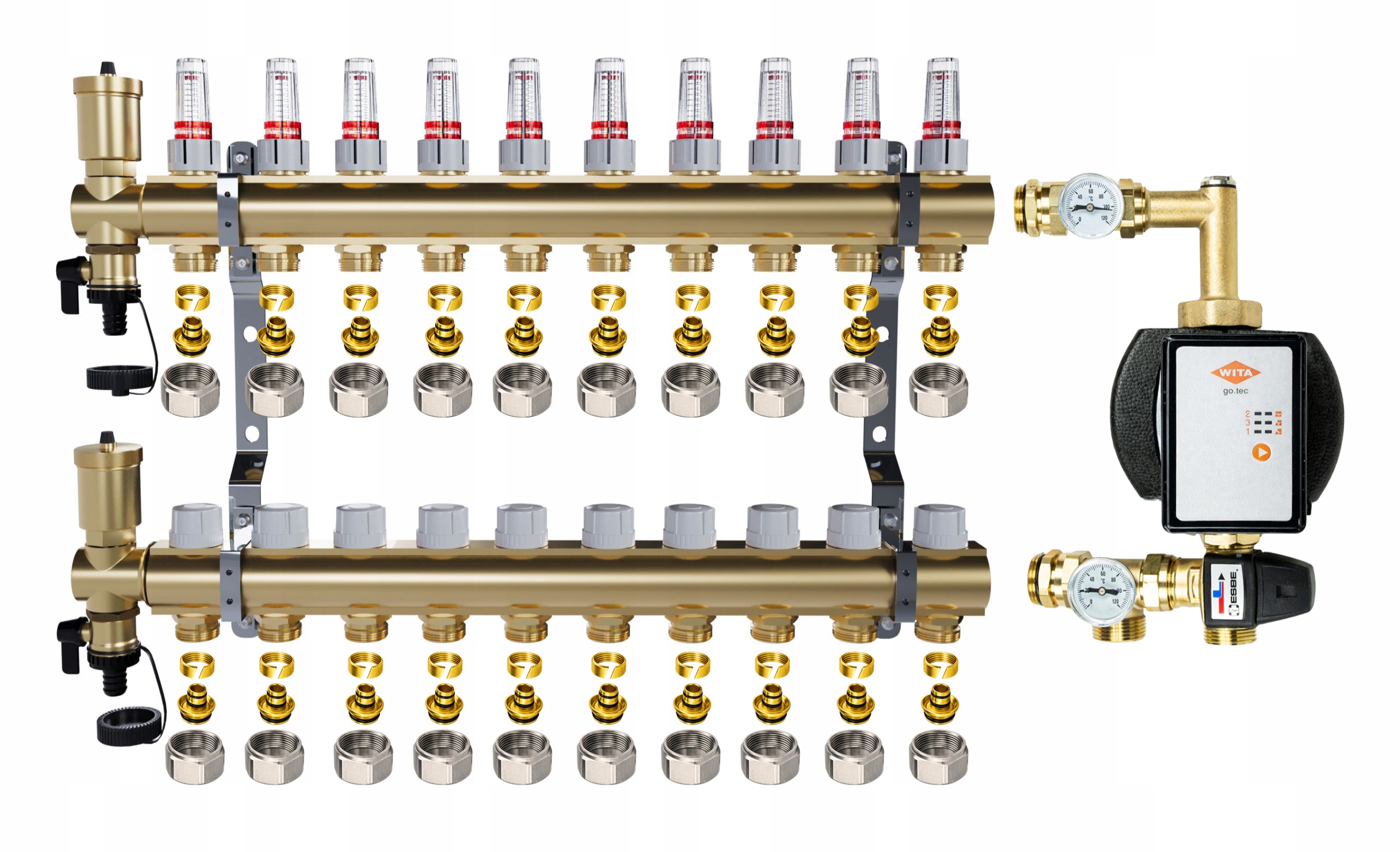 Rozdeľovač na podlahu 10 sekcií na vykurovanie Pex Spojky Čerpadlo Vita