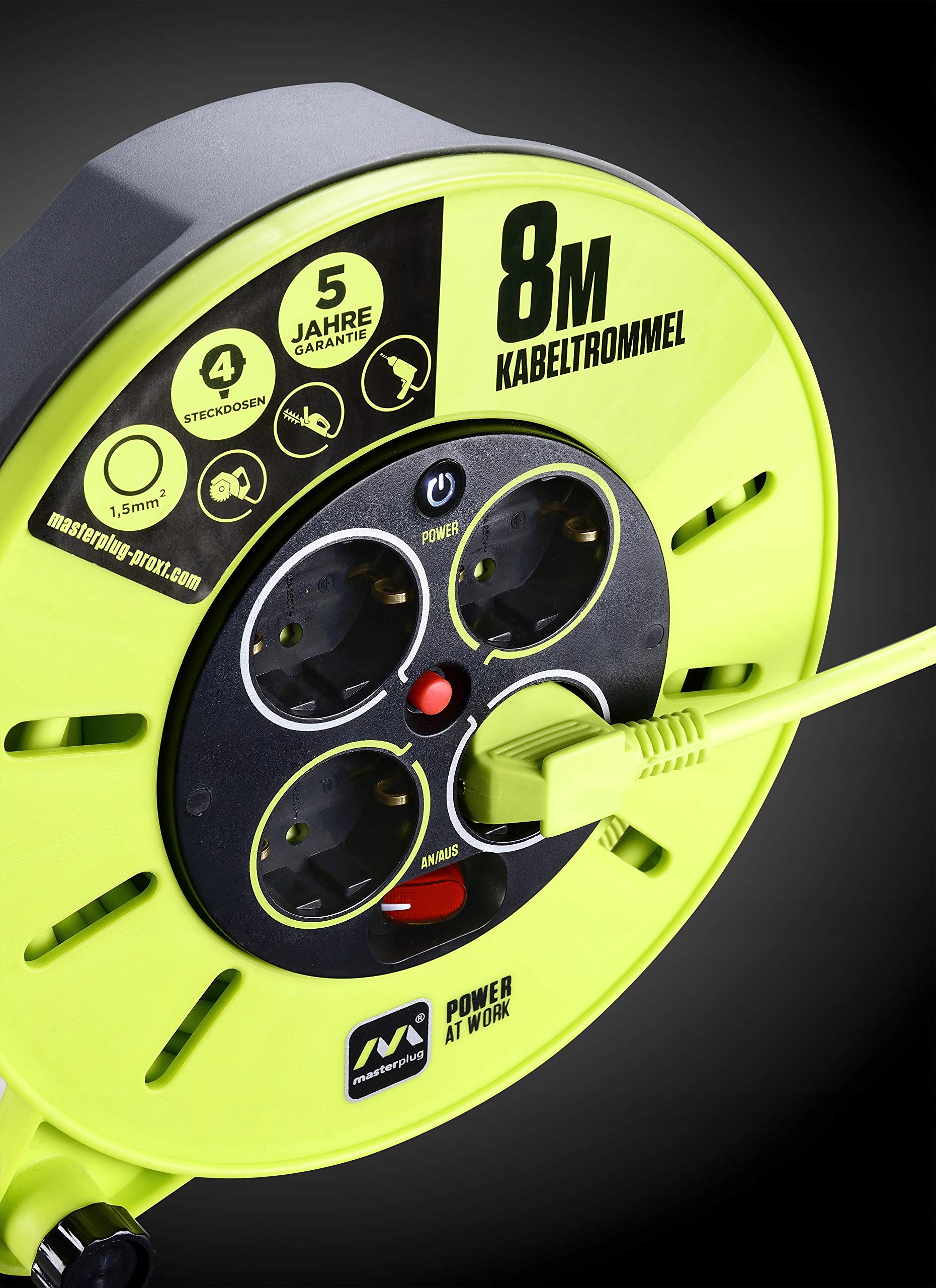 MASTERPLUG PRO-XT Przedłużacz Bębnowy 4 Gniazda 8m Kabel Zabezpieczenie — miniatura 5