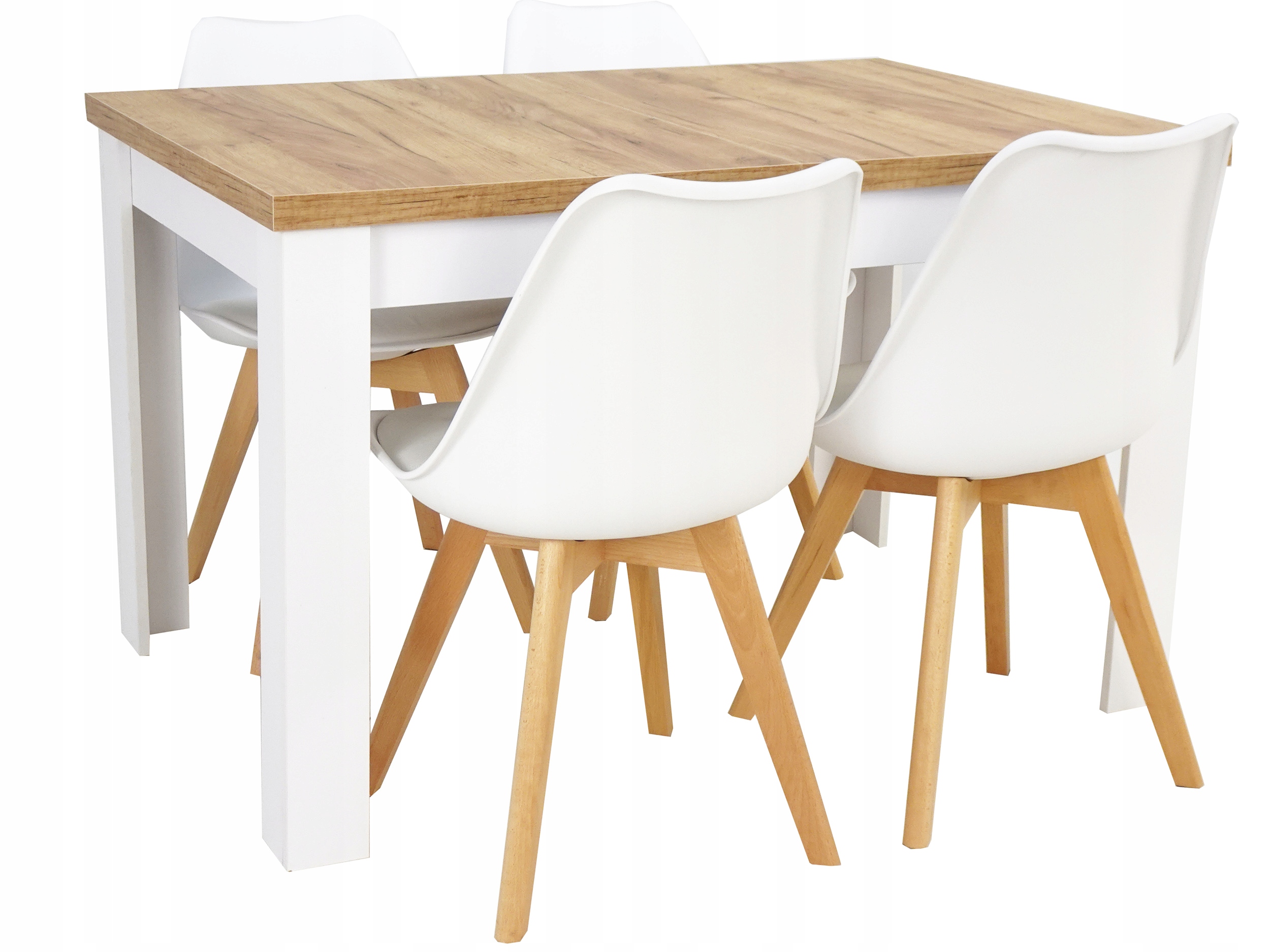 4 SKANDYNAWSKIE krzesła i BIAŁY ROZKŁADANY STÓŁ