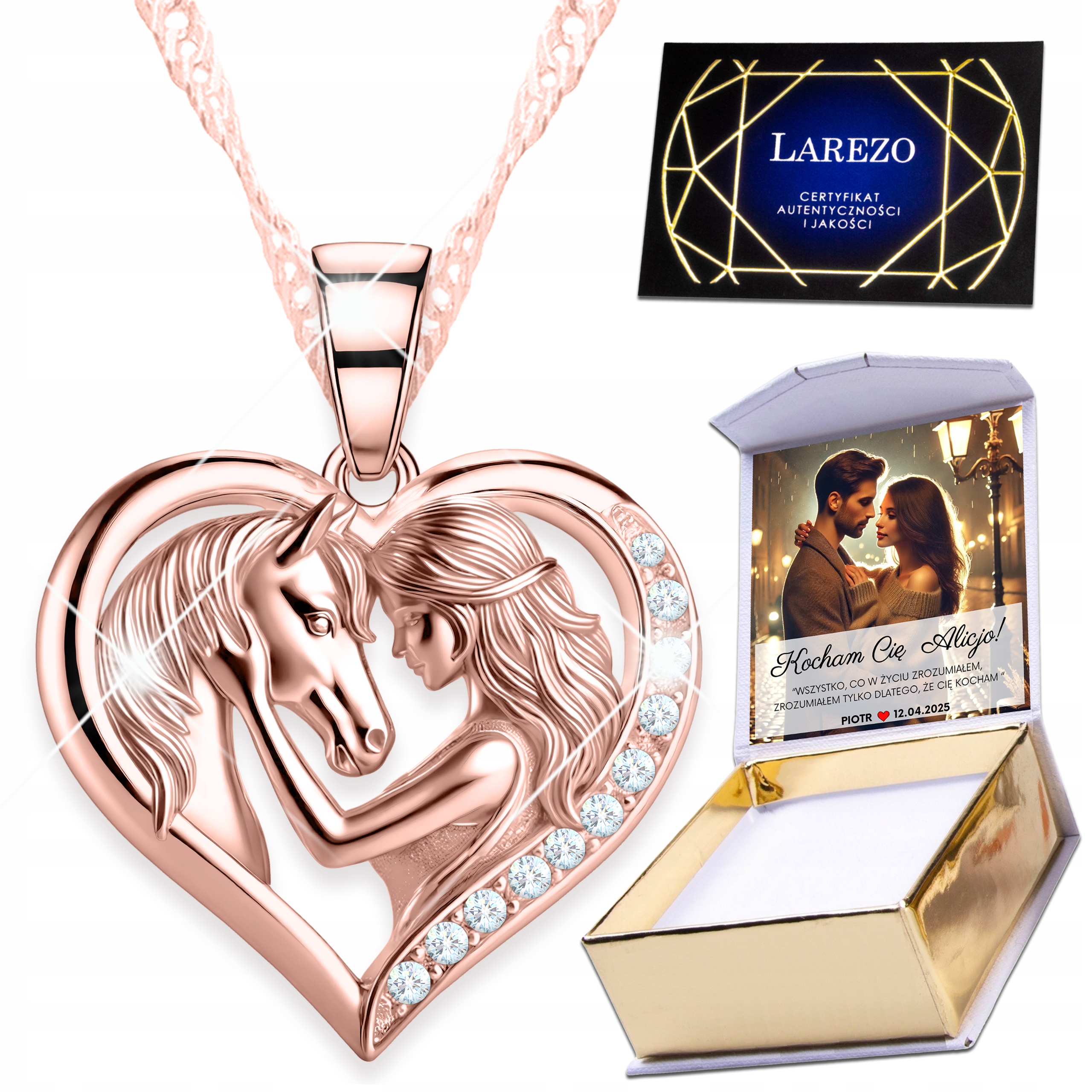 Náhrdelník Pozlacený 925 Srdce s krystaly Kůň v srdci Koník Poník Potisk