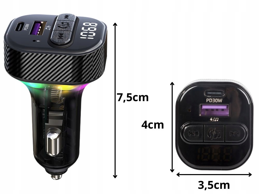 AUTOMOBILOVÝ VYSÍLAČ FM MP3/WMA USB A+USB C 30W BLUETOOTH 5.3 LED QC 3.0 Kód výrobce 10129