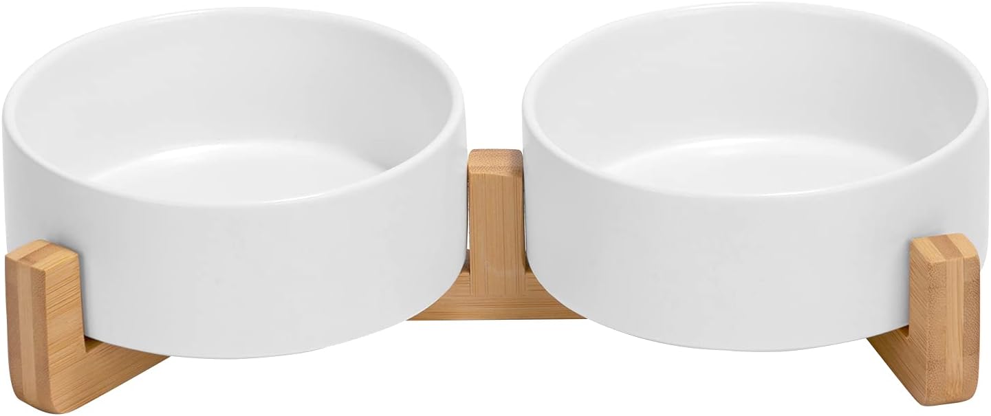 Levně Keramická miska pro psa kočku sada 2 x 400 ml bambusový stojánek