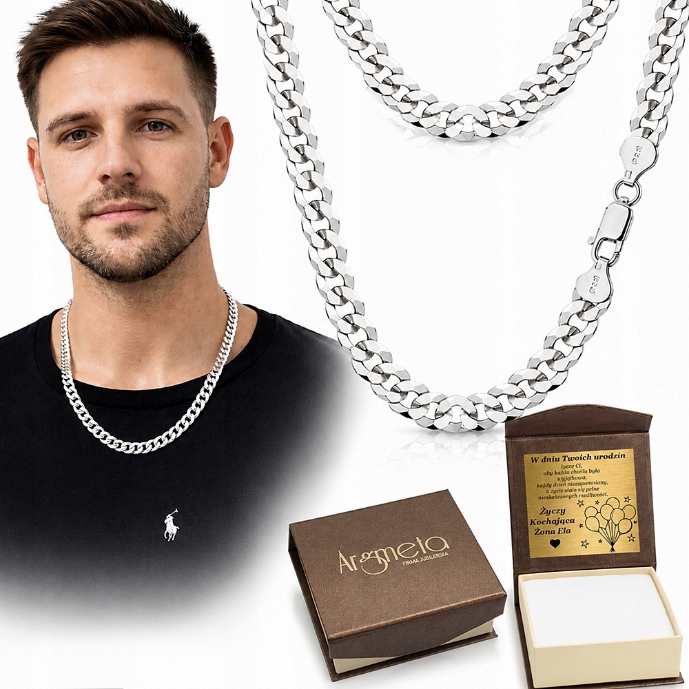 Łańcuszek Srebrny Męski Pancerka Pełny Diamentowany 7,50 mm pr. 925 Grawer