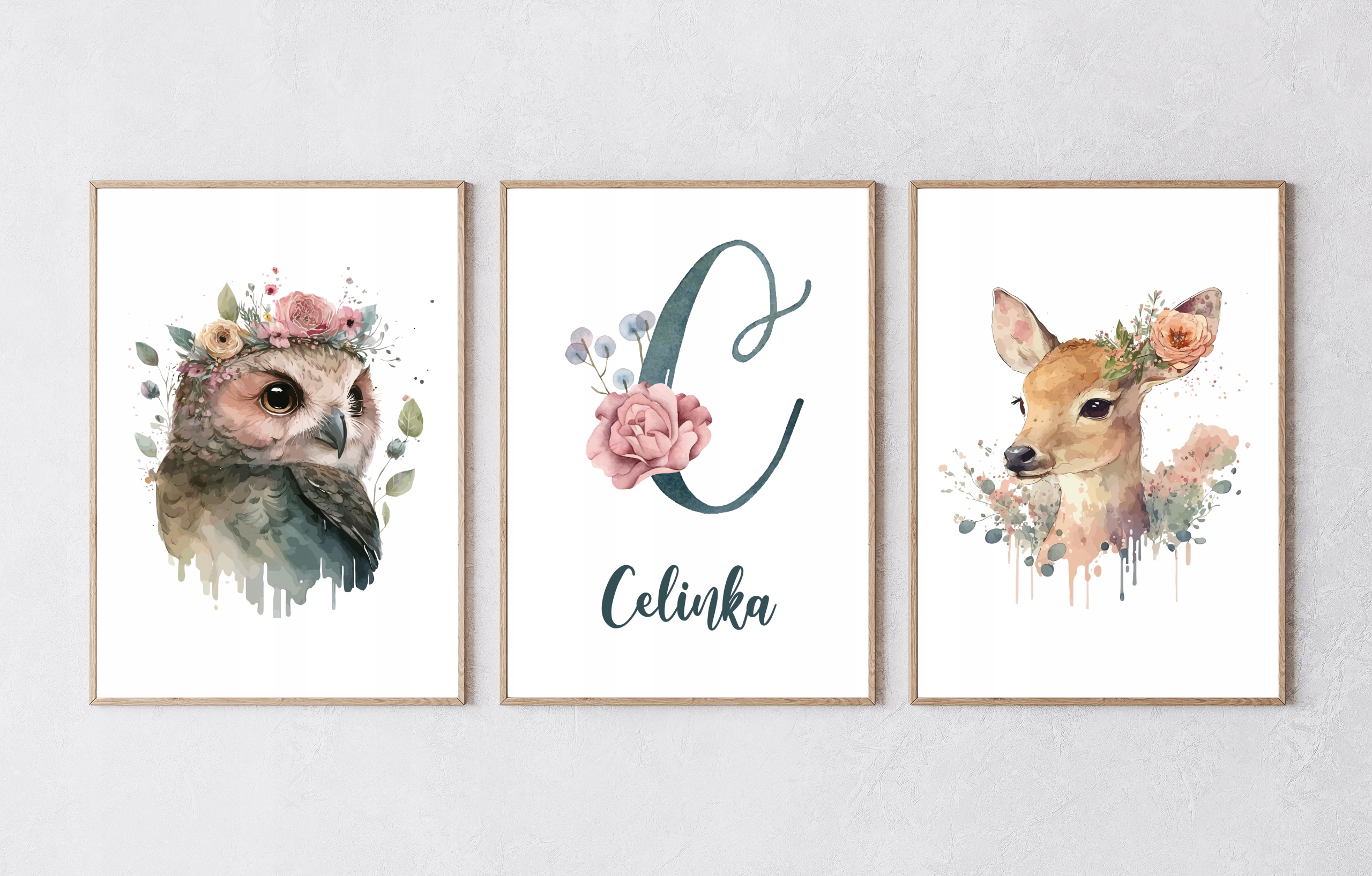3 Plakaty Zestaw Obrazków A4 dla dziewczynki Zwierzęta Leśne Imię Dziecka Marka bez marki