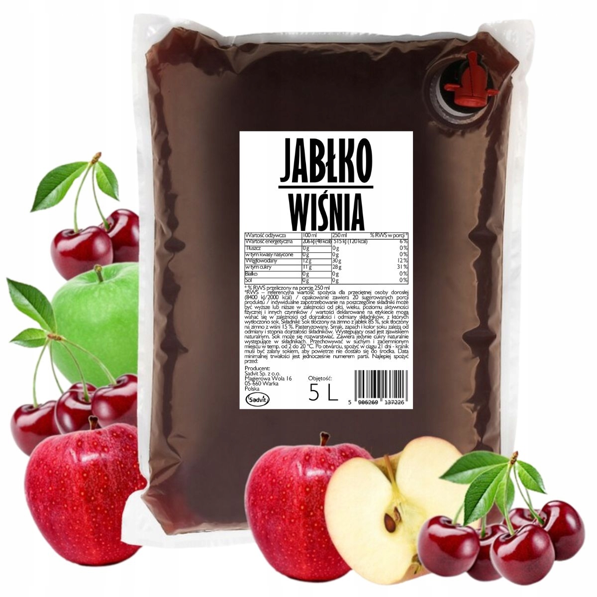 Sok jabłko wiśnia NFC BEZ cukru naturalny 100% 5L