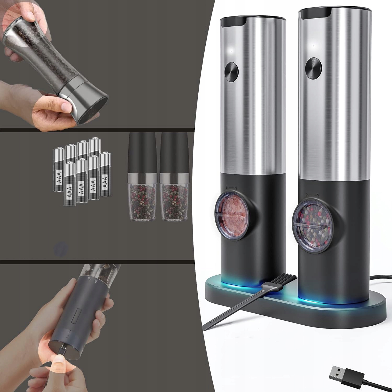 ELEKTRYCZNY MŁYNEK DO SOLI I PIEPRZU, ŁADOWANY PRZEZ USB, ZE ŚWIATŁEM LED Waga produktu z opakowaniem jednostkowym 0.81 kg