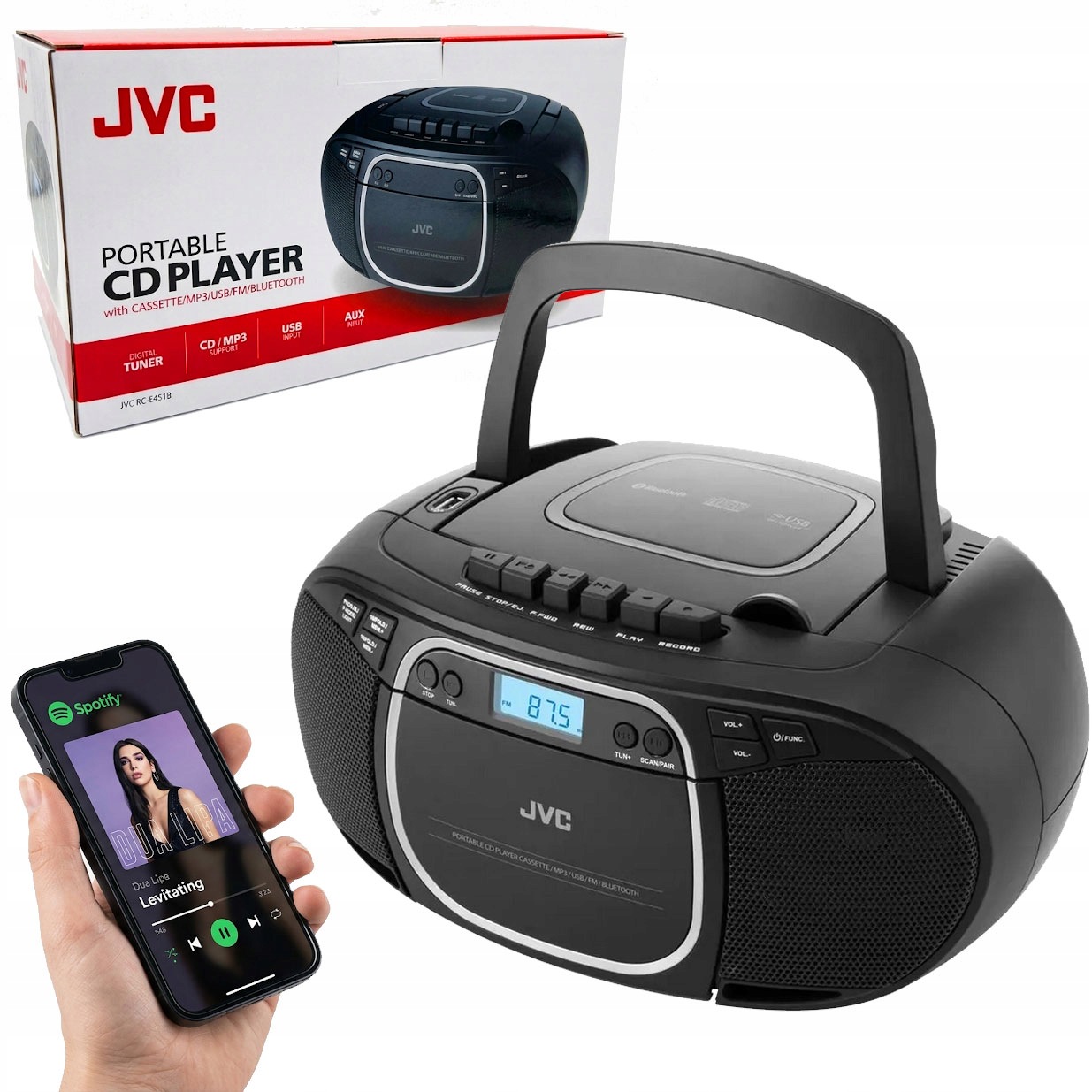 Boombox Přenosné Rádio CD Kazety Jvc RC-E451B Bluetooth Usb MP3 Magnetofon
