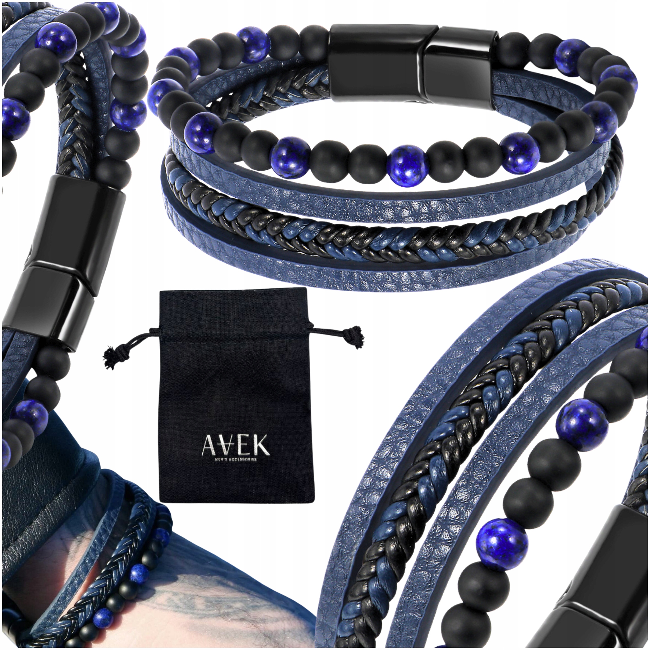 Pánský Náramek S Korálky Lapis Lazuli, Kožený, Modrý, Jako Dárek, 21 CM