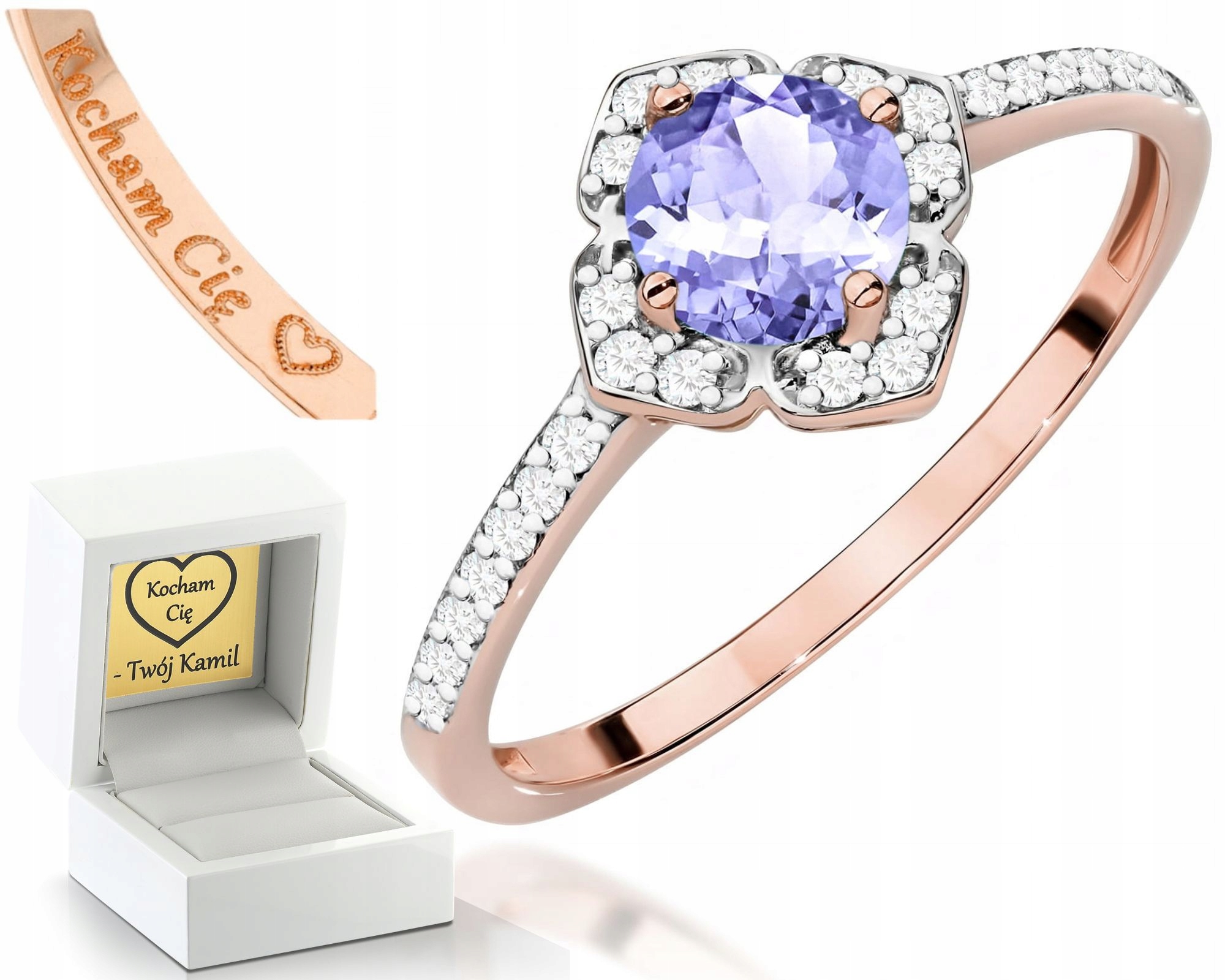 Růžový Zlatý Prstýnek S Tanzanitem A Diamanty, Zlato 585, Dárek Gravírování