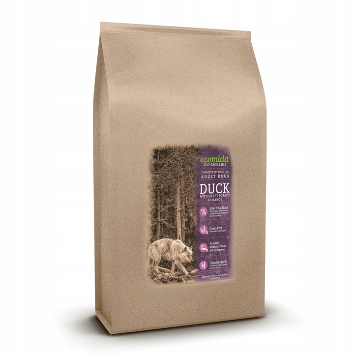Levně Ecomida Bez obilovin, Hypoalergenní, Monoproteinová kachna, dospělý pes, 15 kg