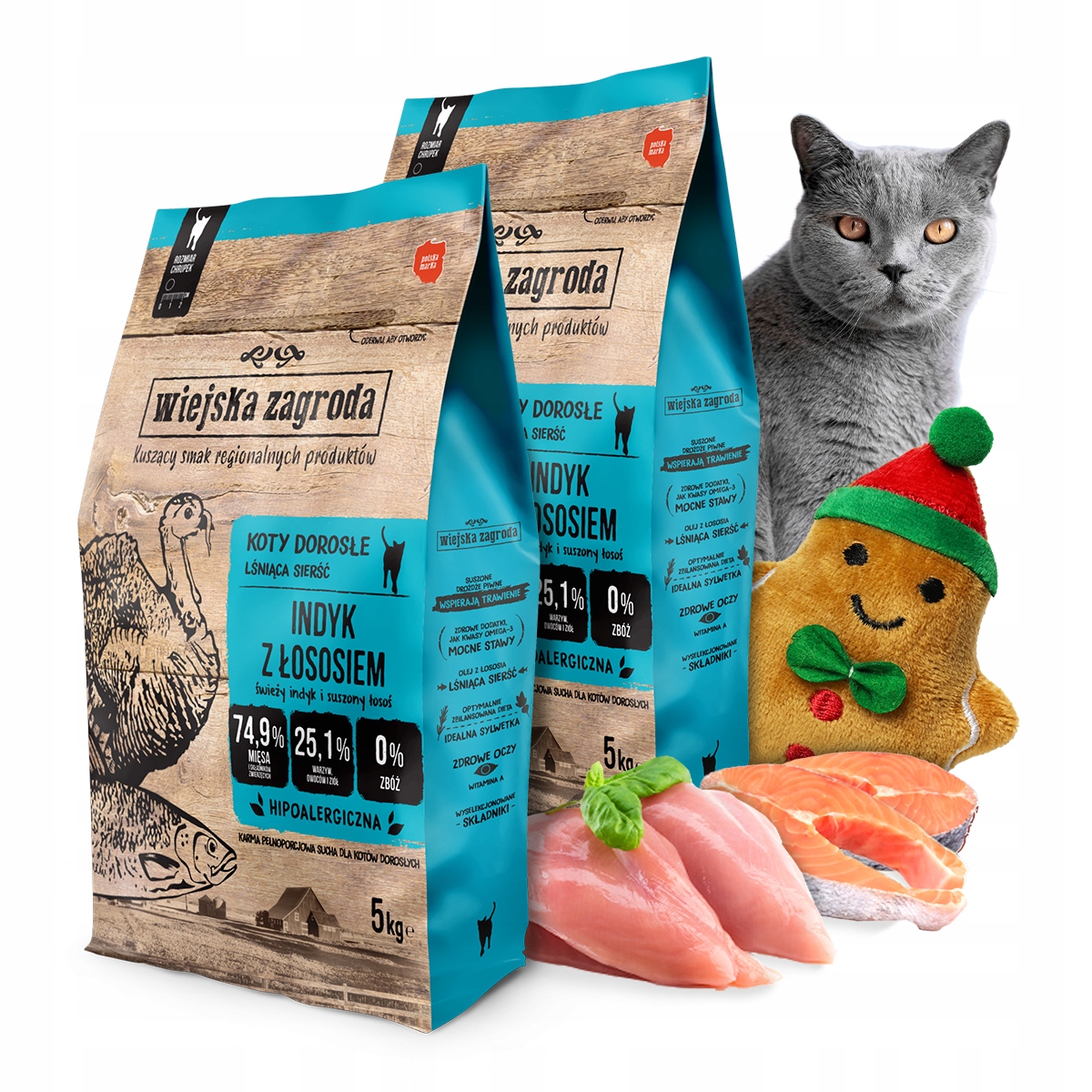 Wiejska Zagroda Indyk Łosoś 10kg (2x5kg) karma dla kota Zabawka
