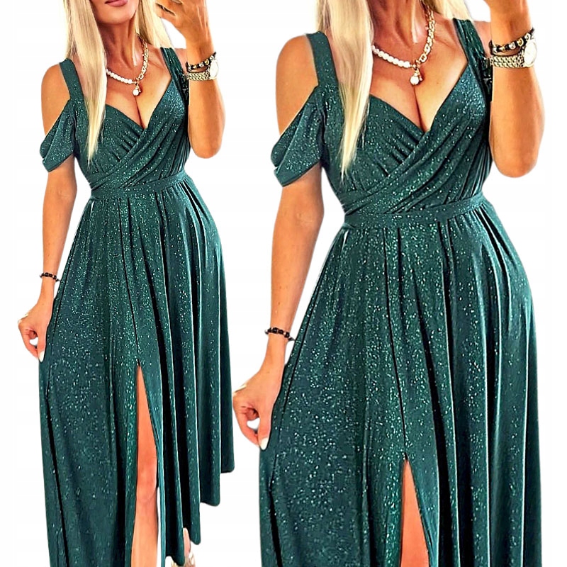 Sukienka Długa Maxi Na Wesele Butelkowa Zieleń Z Rozporkiem