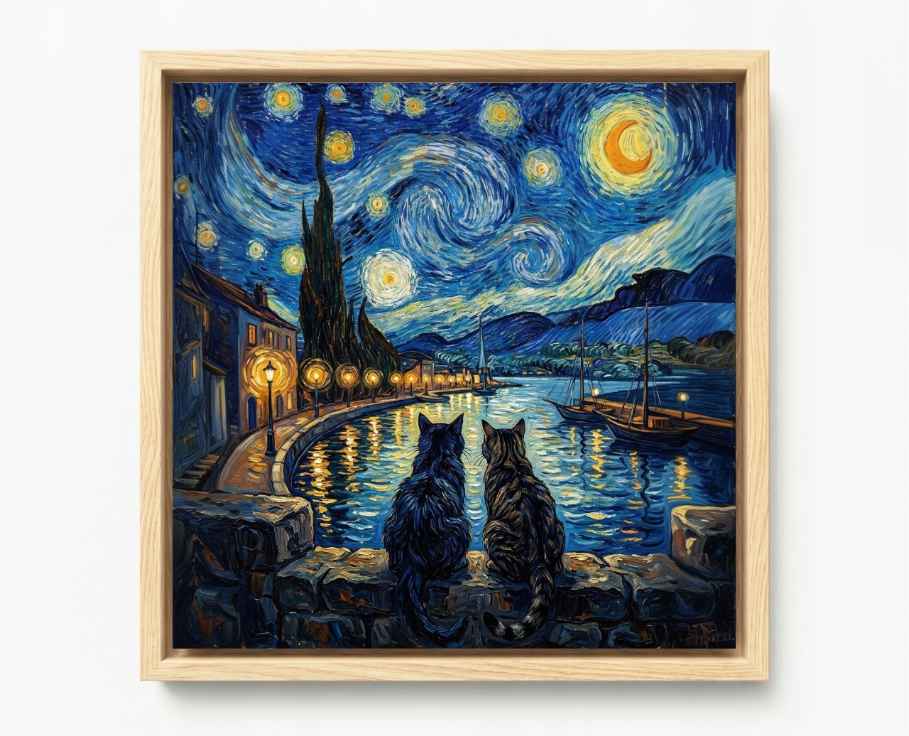 Obraz Rám Americký Box Hvězdná Noc Kočky Kamarádi Van Gogh Styl 60x60