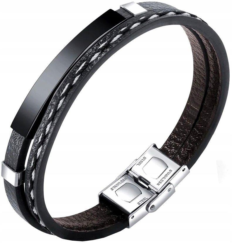 

Skórzana Czarna Bransoletka klamra stal szlachetna