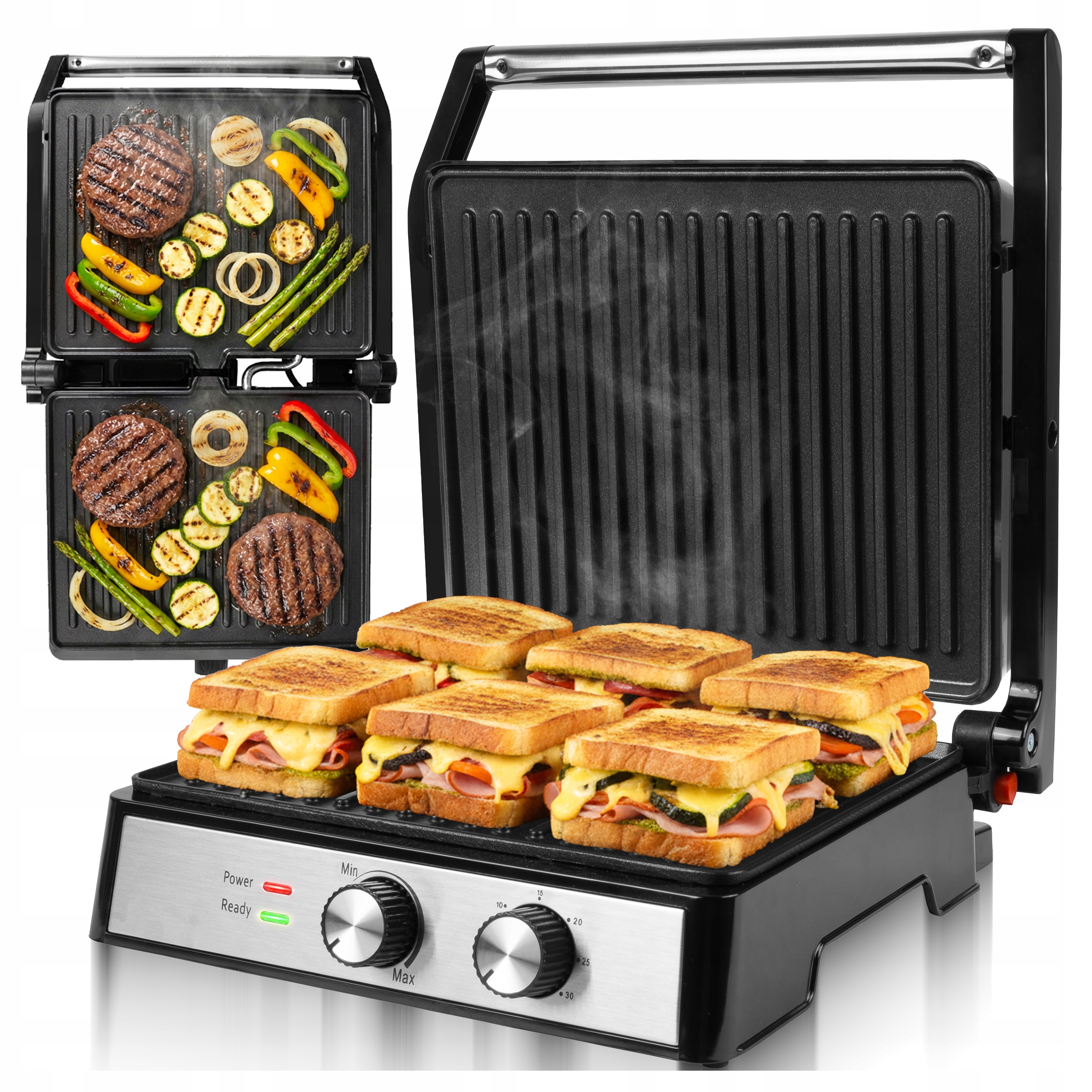 Grill Elektryczny Opiekacz Rozkładany Toster Do Kanapek Panini Timer 2500W