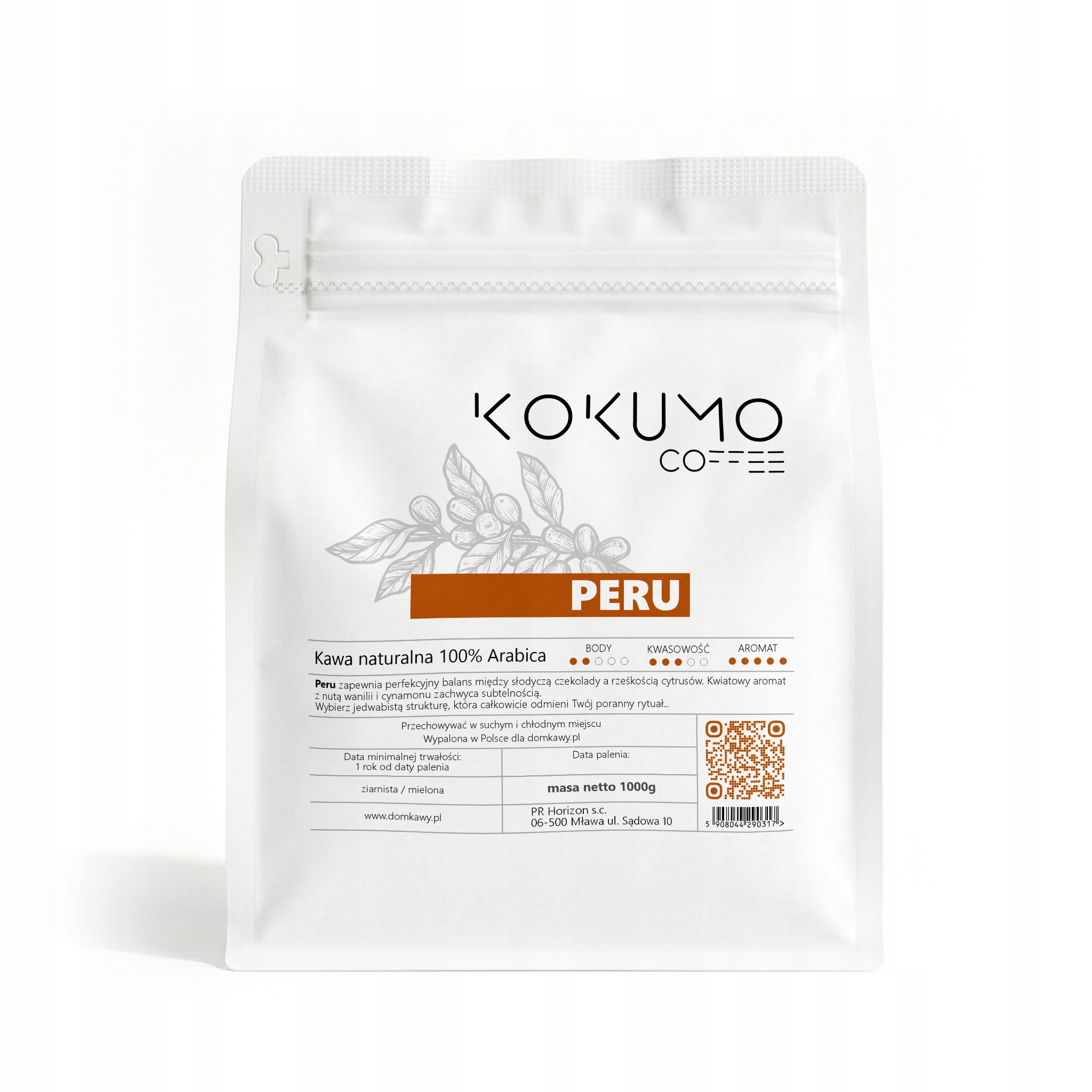 Káva zrnková Kokumo Peru 1 kg Čerstvě pražená, Čokoláda, Med, Arabica
