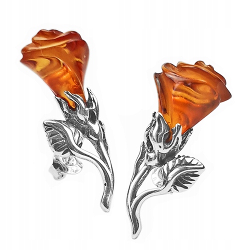 Stříbrné Růže náušnice s růžičkami a vyřezávaným Jantarem na tyčinku Stříbro 925