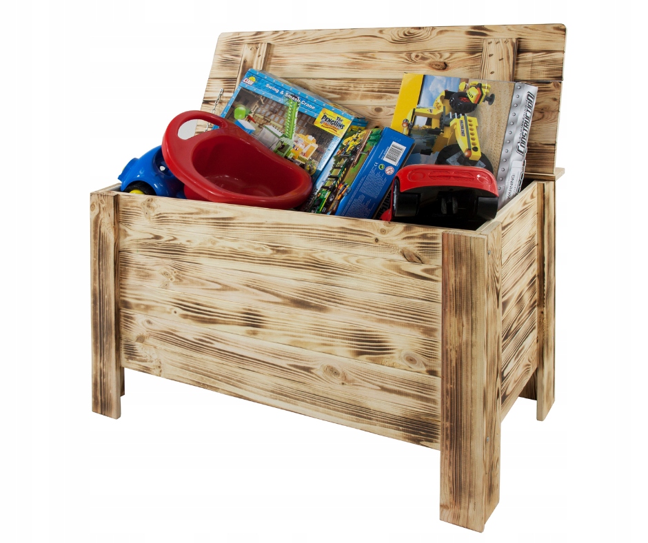 Dřevěný kufr na hračky s truhlou a sedákem borovice