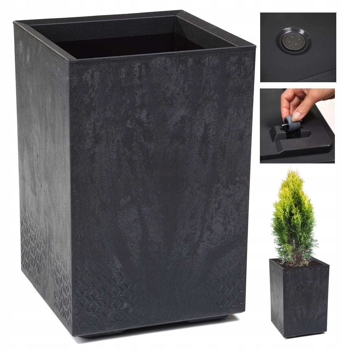 Donica Na Kółkach Karo Eco Recycled Efekt Betonu 60X40 Czarny Beton Wysoka