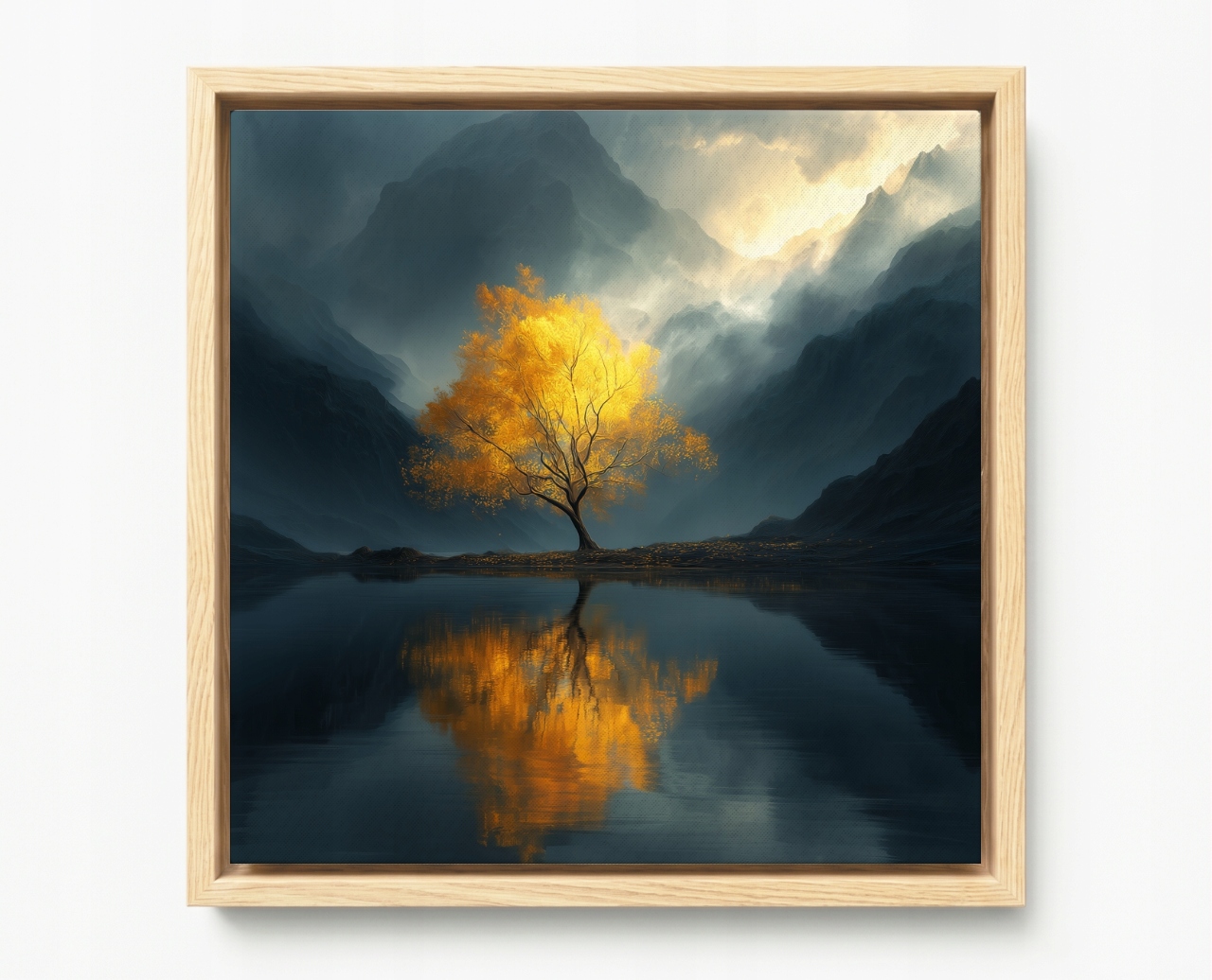 Obraz Rám Americký Box Zlaté Horské Dřevo Jezero Mlha Odraz 50x50