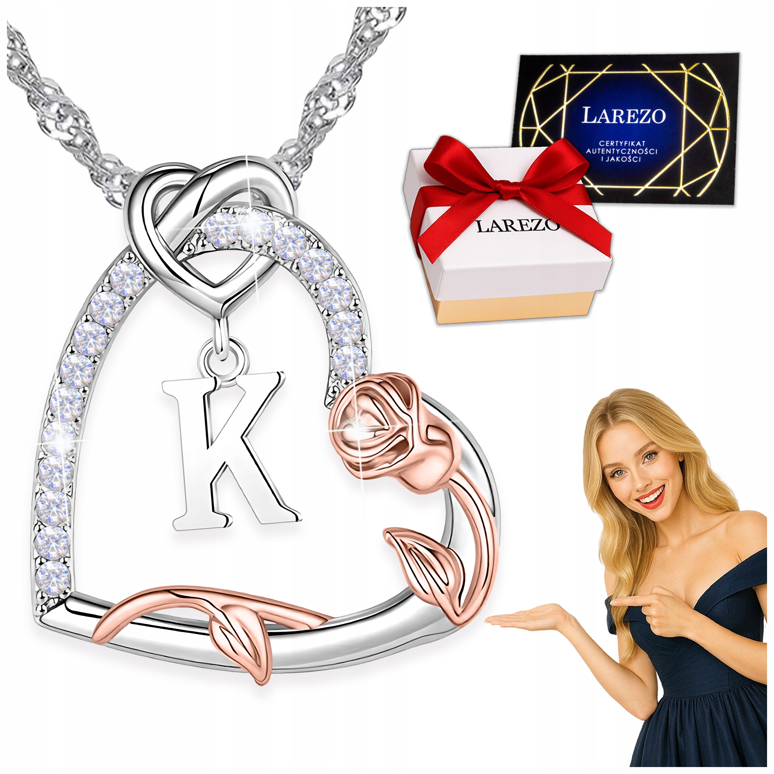 Stříbrný náhrdelník 925 Srdce s písmenem Zirkony Květ života Růže Písmeno K