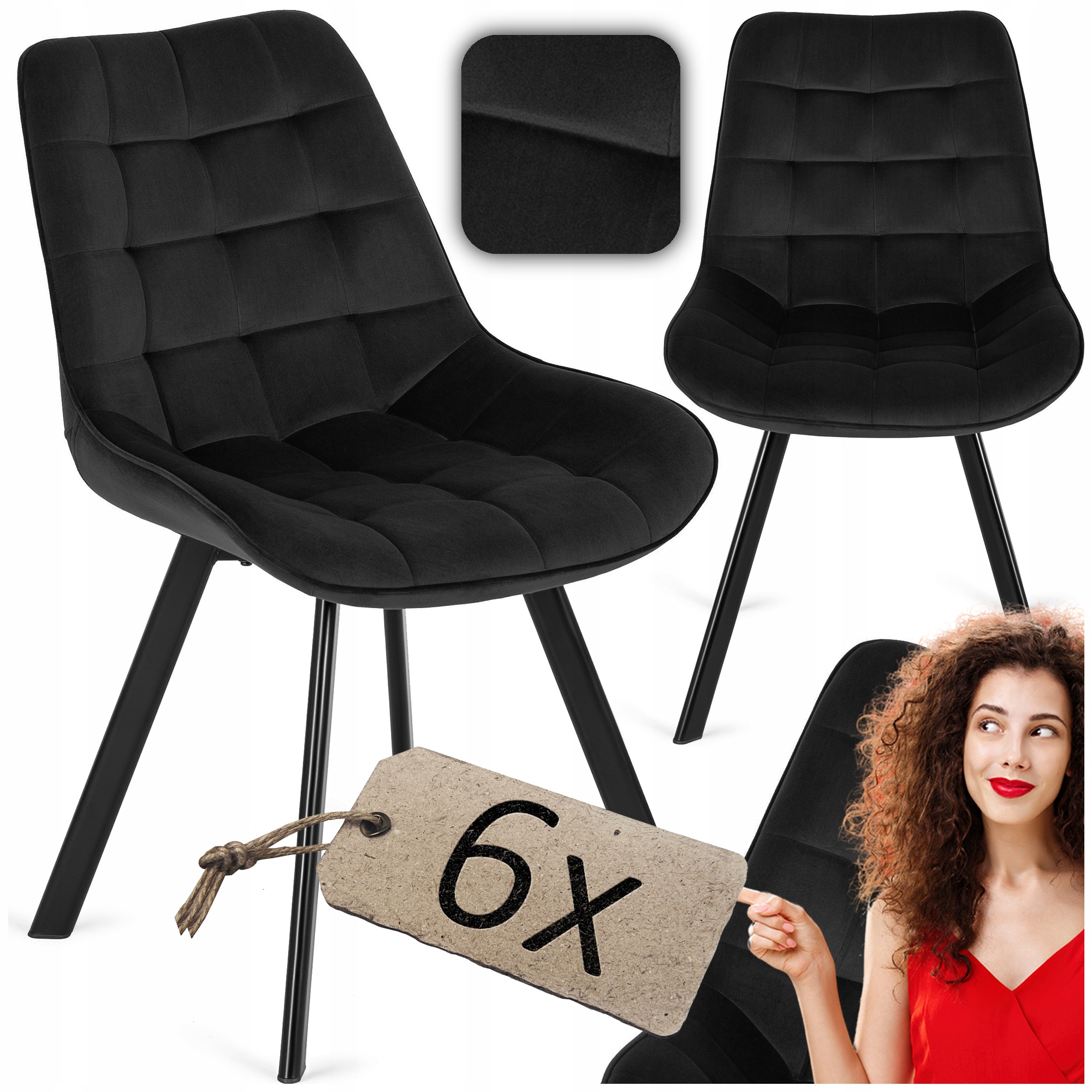 Welurowe Krzesło Tapicerowane Czarne Pikowane Loft Do Salonu Rick 6x