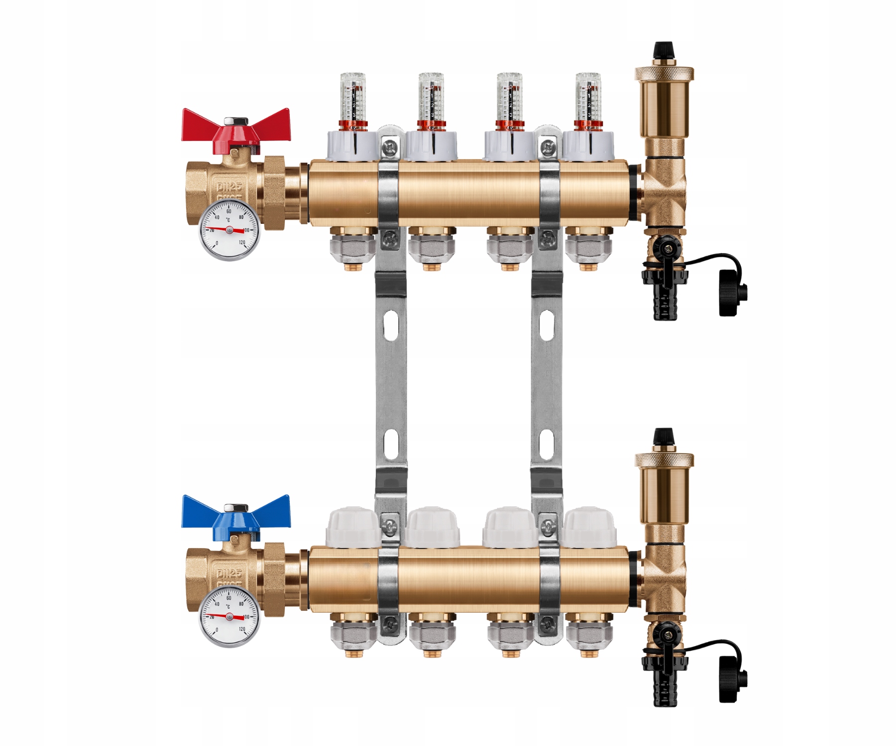 Rozdělovač Podlahy 4 Okruhy Jednoduchý Kulový Ventil Teploměr Pex