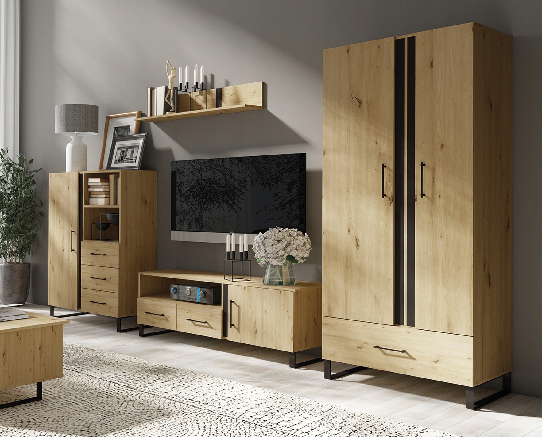 

Nowoczesna Meblościanka salon Florenz Dąb Artisan