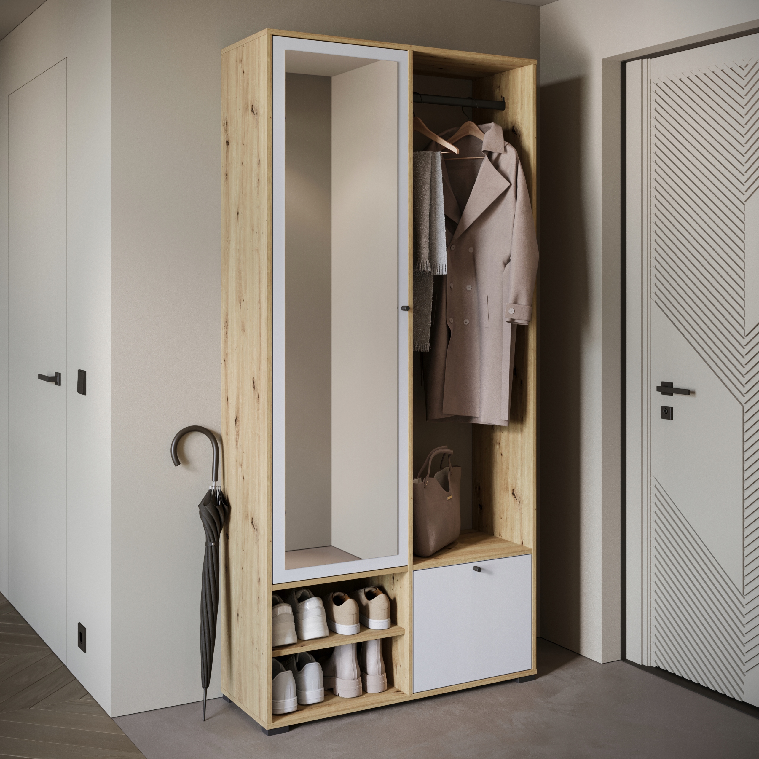 Garderoba DINO, lustro, wieszak DĄB ARTISAN / BIAŁY Kod producenta DINOBIAŁAYR