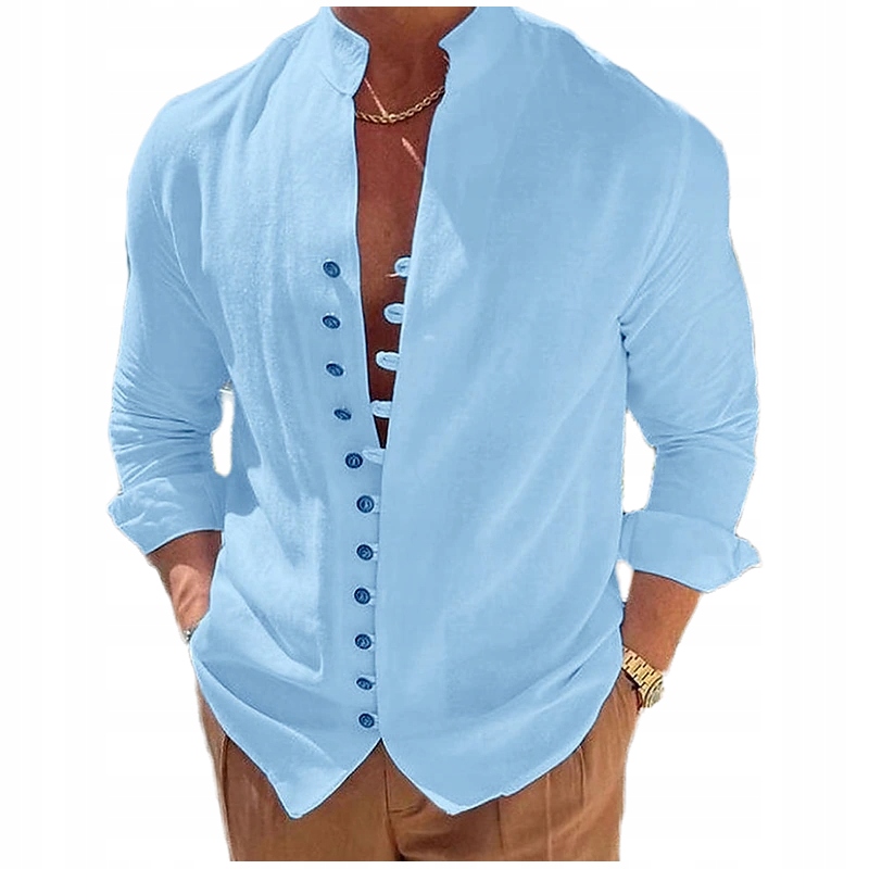 STYLOWA KOSZULA MĘSKA LNIANA PLAŻOWA ZE STÓJKĄ