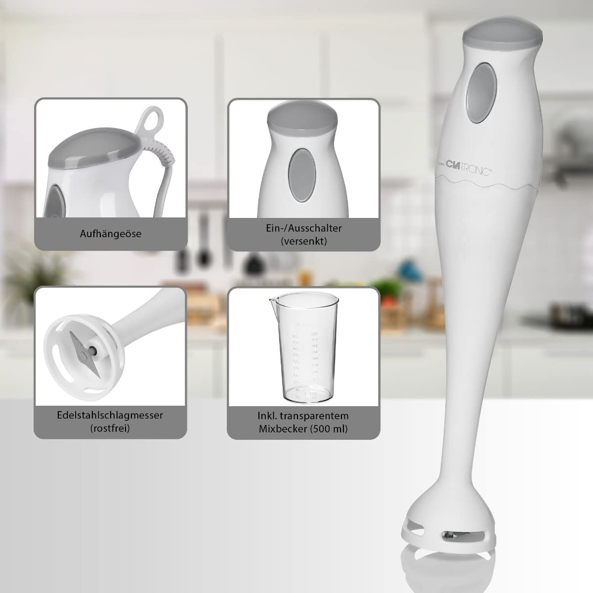 CLATRONIC Blender Ręczny 180W Do Smoothie Zupy Puree Biały Z Pojemnikiem — miniatura 4